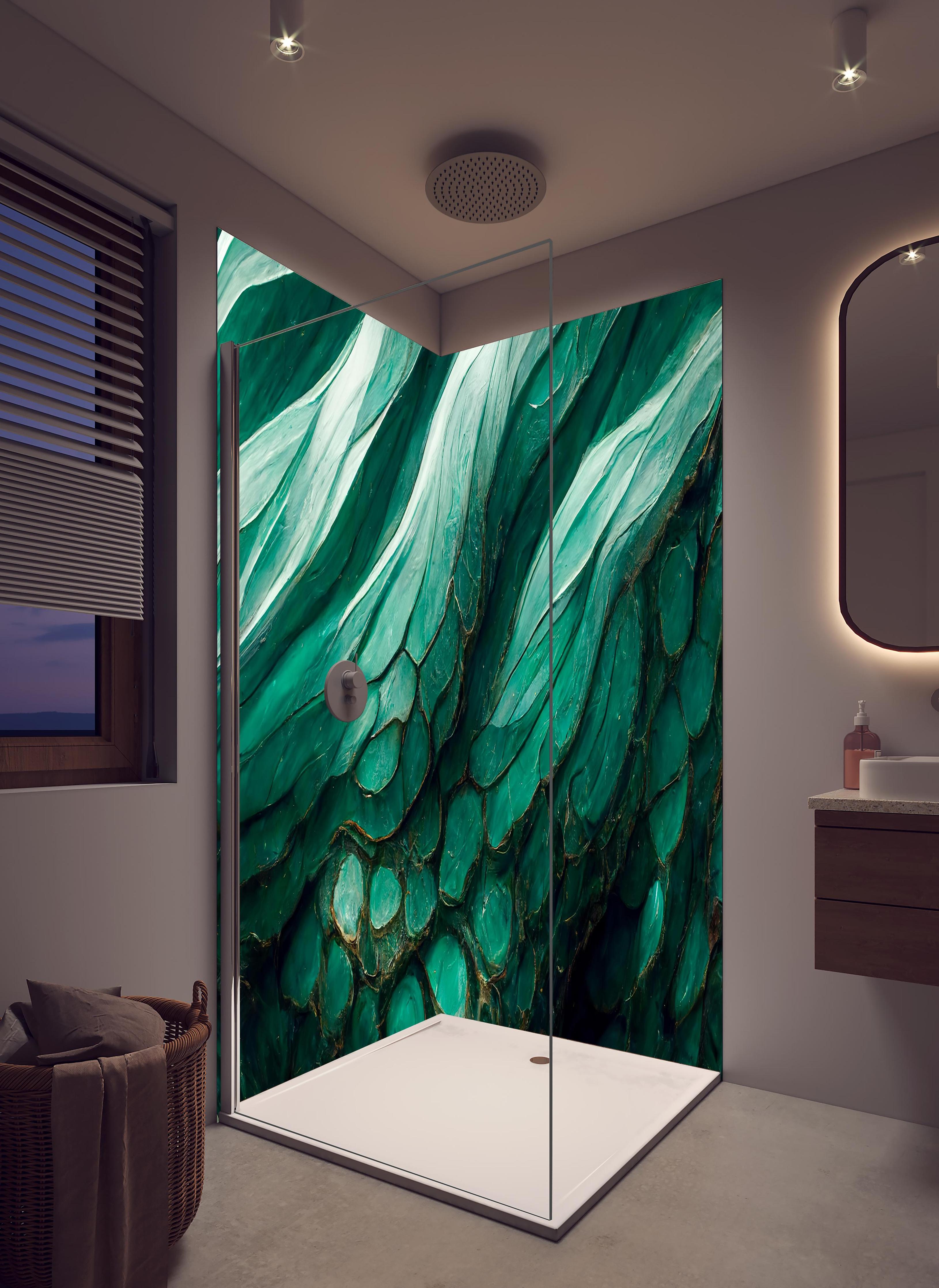 Duschrückwand - Marmor Wirbel wie die Wellen von Achat in hellem Badezimmer mit Regenduschkopf - zweiteilige Eck-Duschrückwand