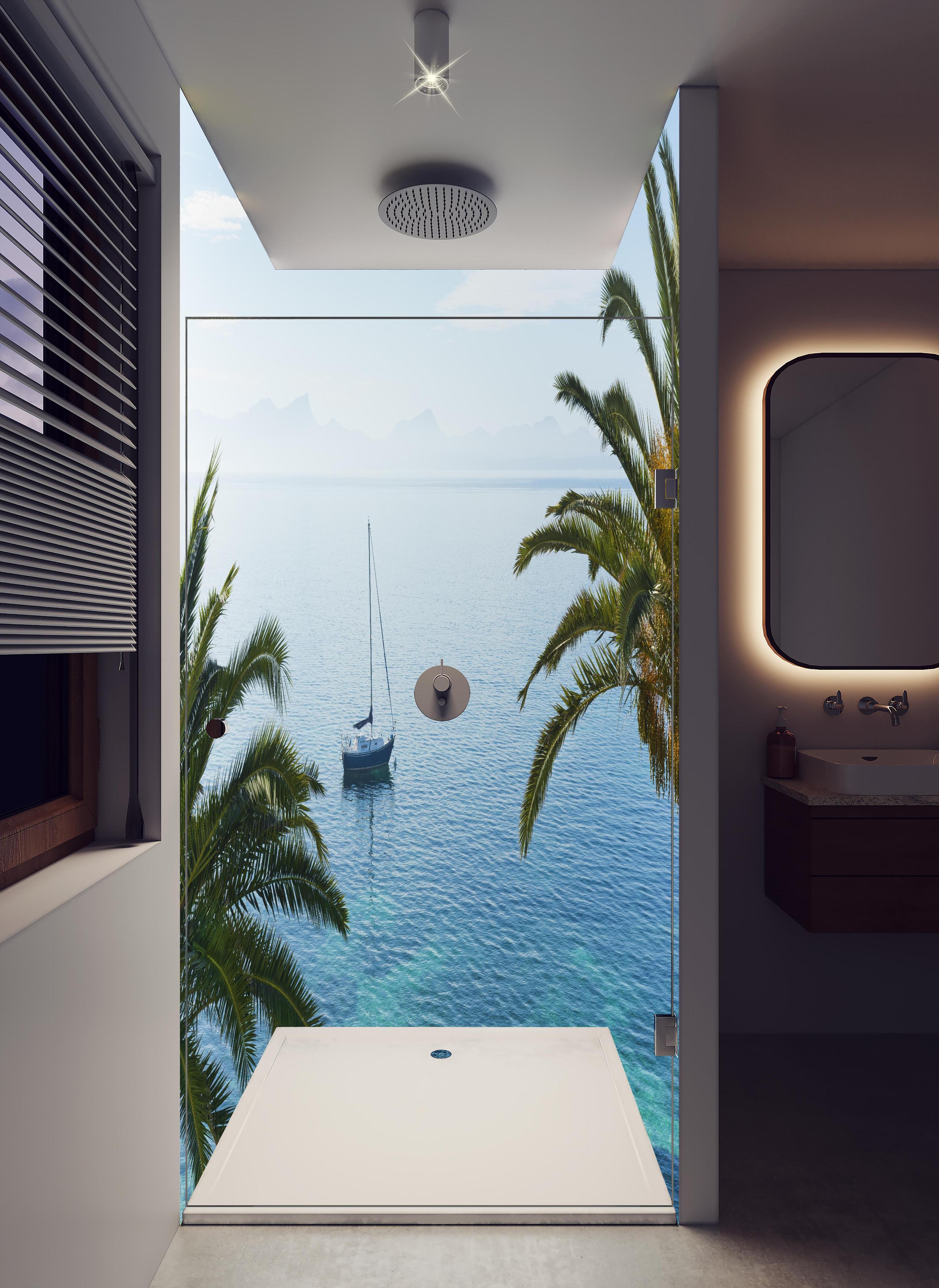 Duschrückwand - Meeres Ausblick - Mallorca in hellem Badezimmer mit Regenduschkopf - zweiteilige Eck-Duschrückwand