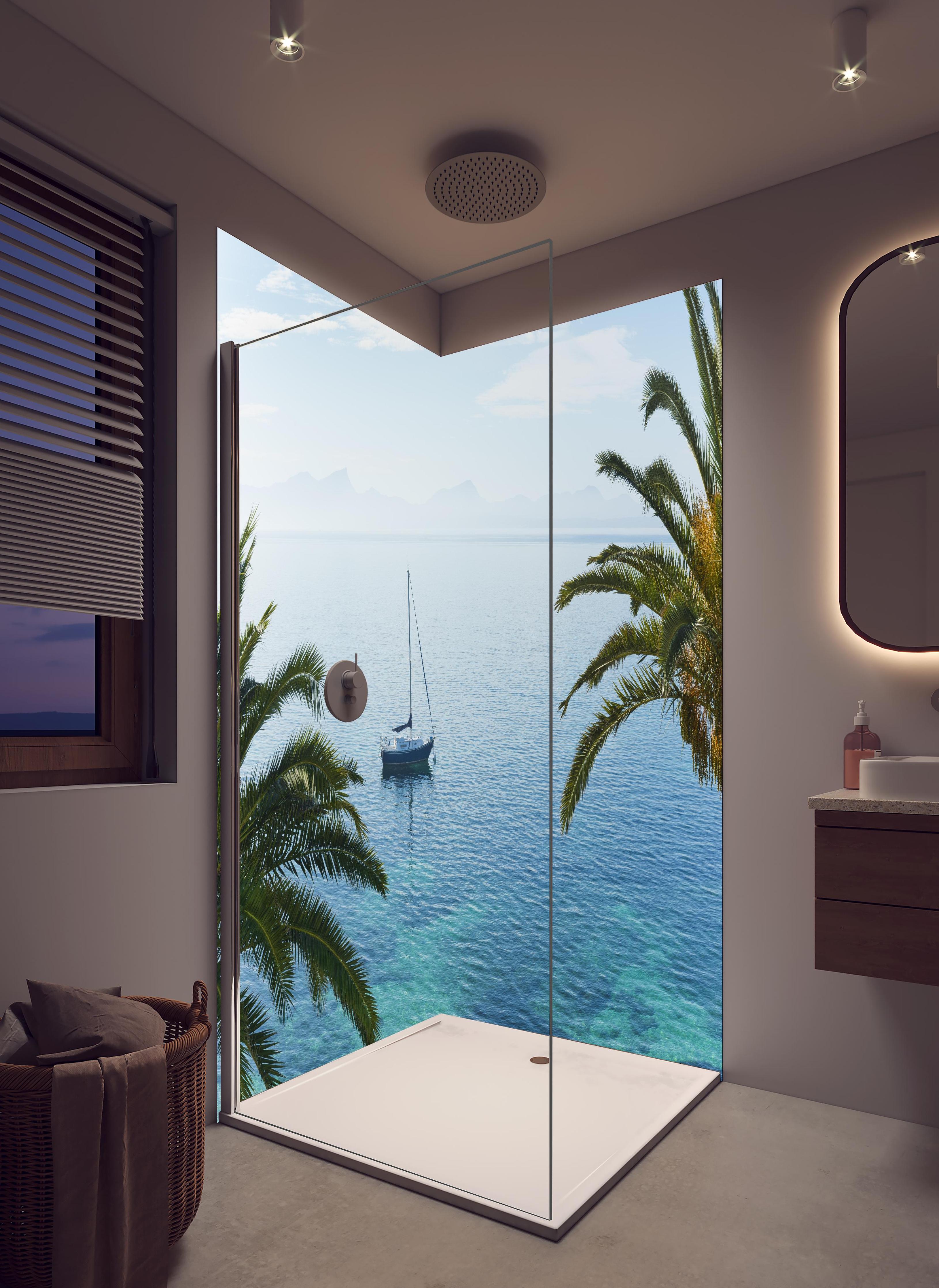 Duschrückwand - Meeres Ausblick - Mallorca in hellem Badezimmer mit Regenduschkopf - zweiteilige Eck-Duschrückwand