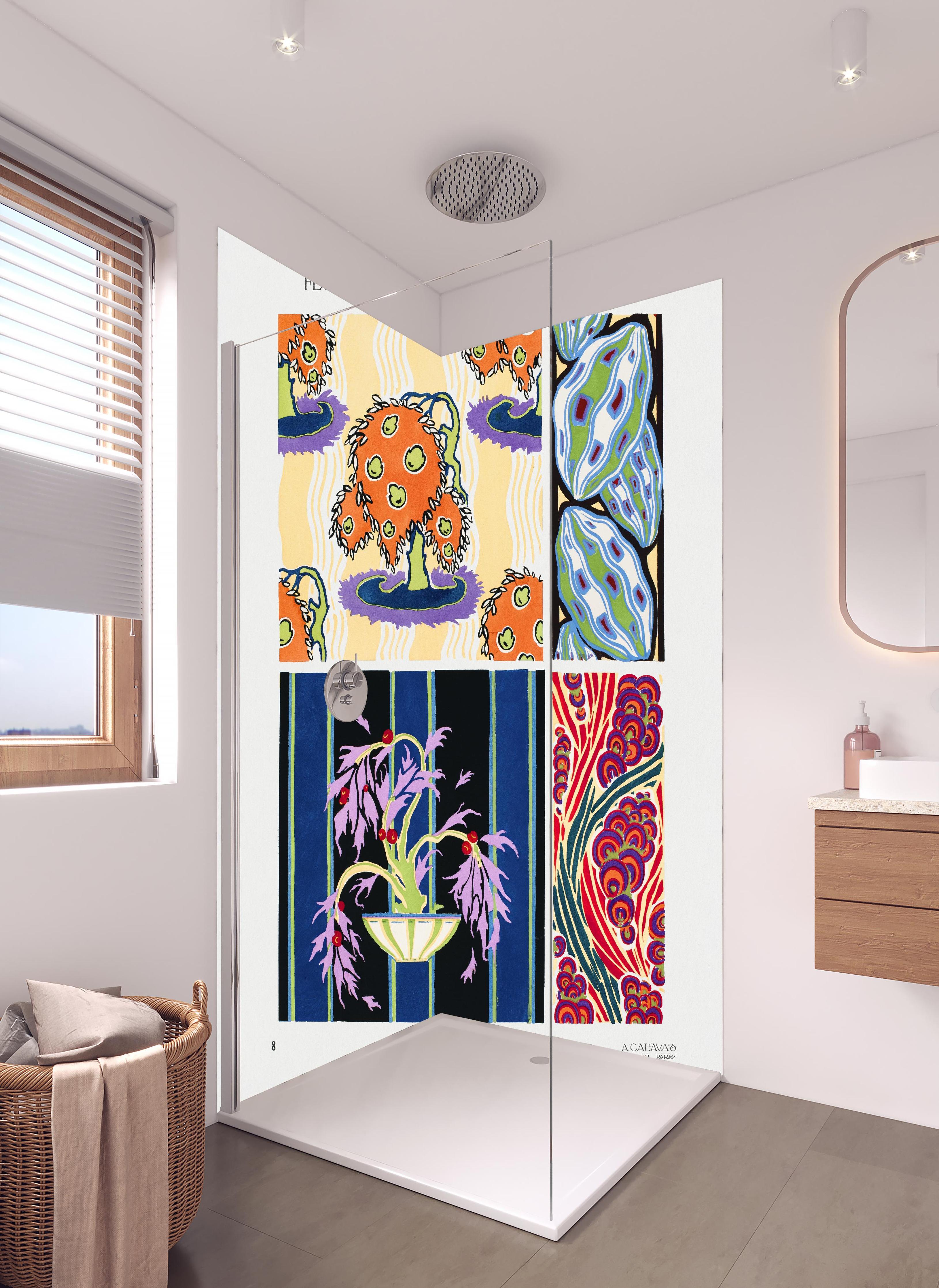 Duschrückwand - Meisterhafte Vintage Blumen Illustration Kunst in hellem Badezimmer mit Regenduschkopf - zweiteilige Eck-Duschrückwand