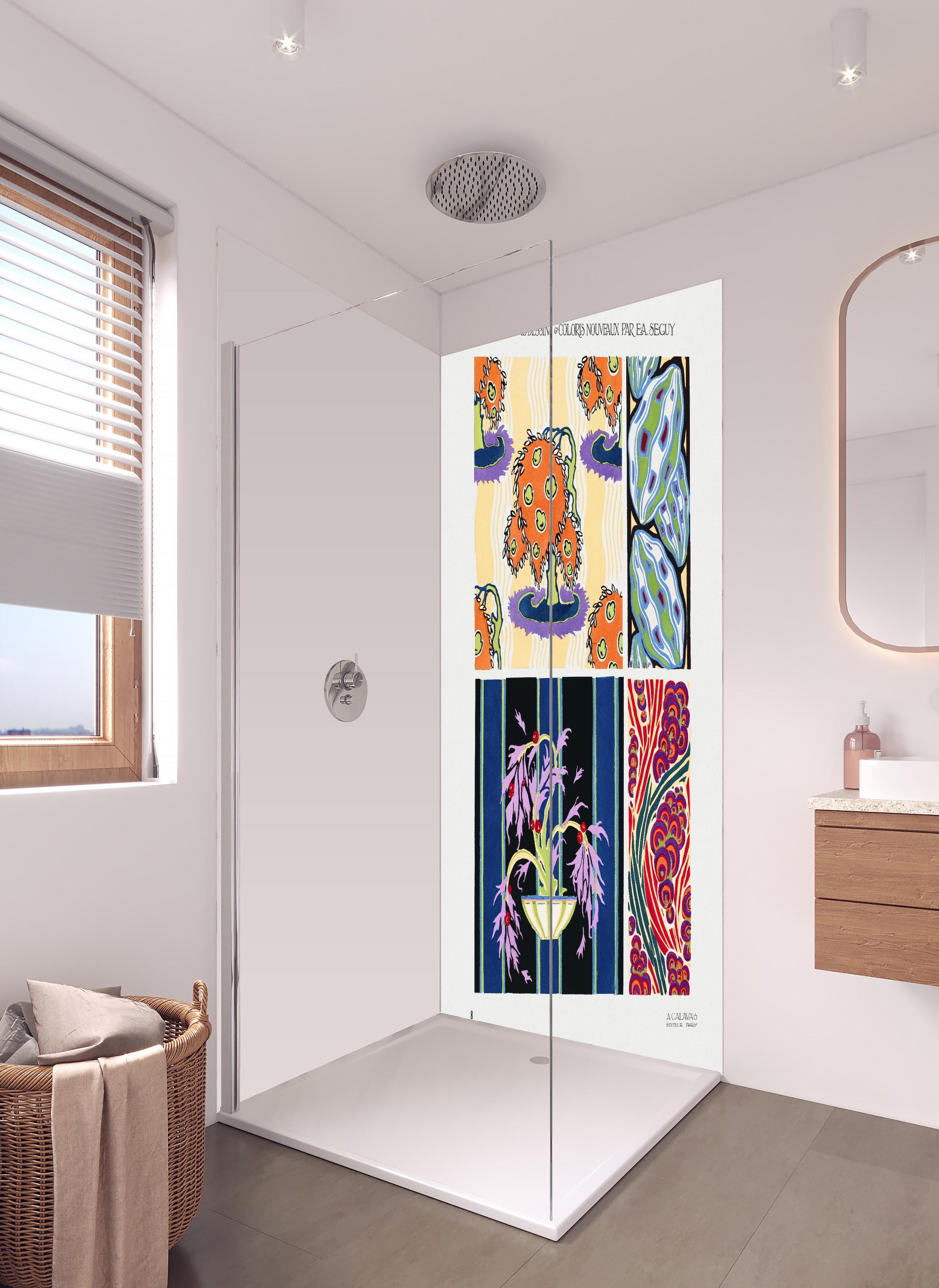 Duschrückwand - Meisterhafte Vintage Blumen Illustration Kunst in hellem Badezimmer mit Regenduschkopf - zweiteilige Eck-Duschrückwand