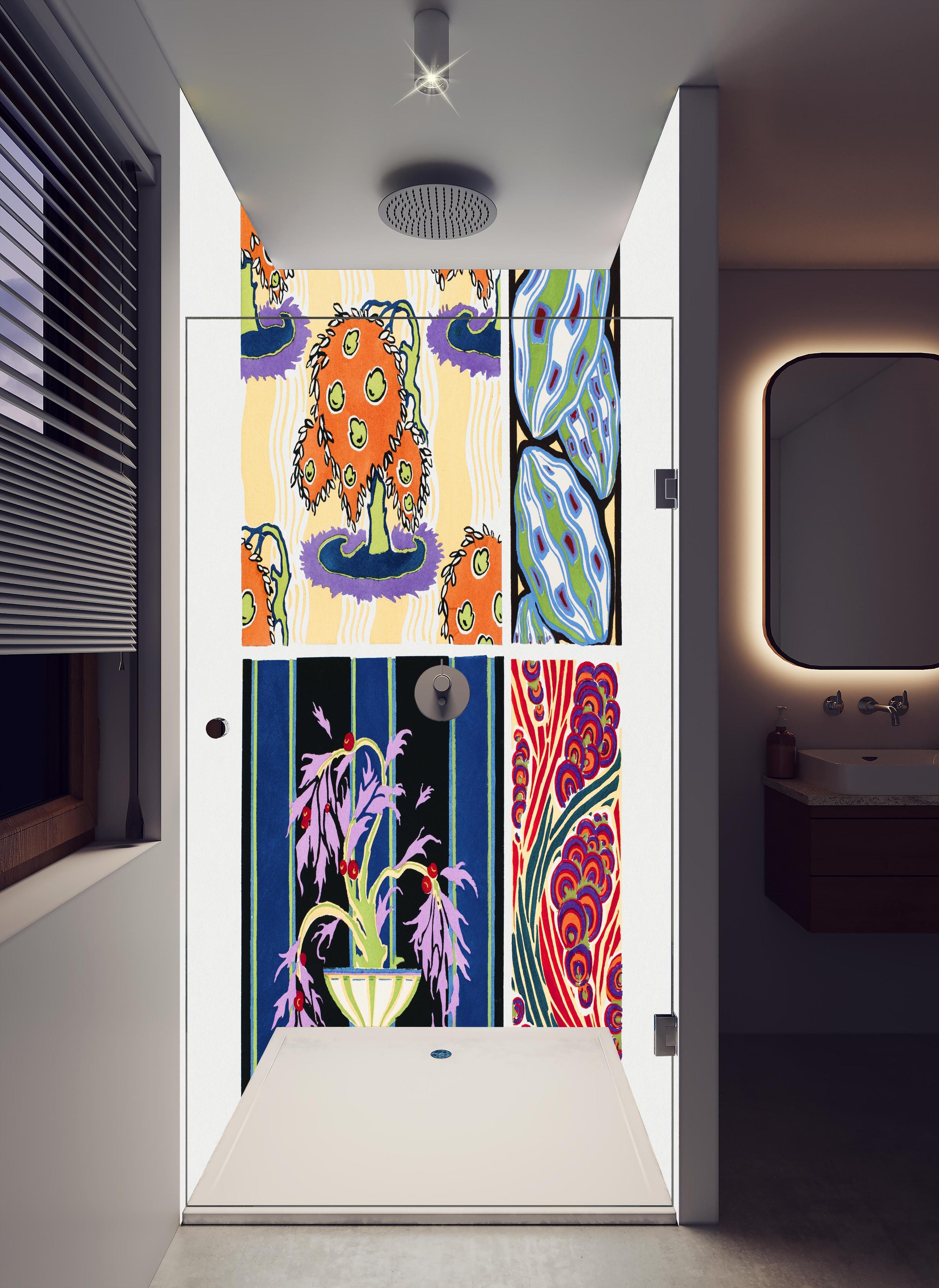 Duschrückwand - Meisterhafte Vintage Blumen Illustration Kunst in hellem Badezimmer mit Regenduschkopf - zweiteilige Eck-Duschrückwand