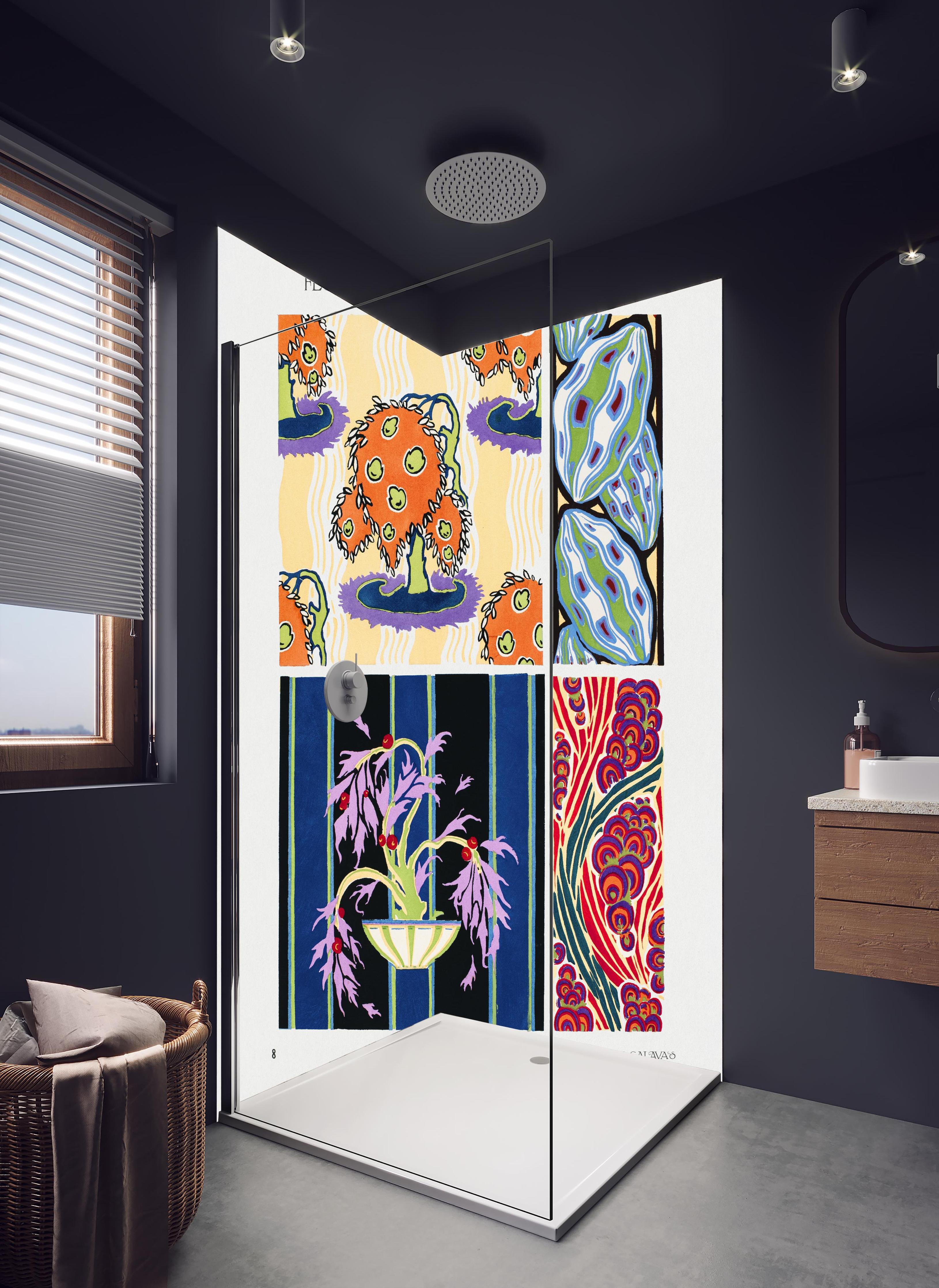 Duschrückwand - Meisterhafte Vintage Blumen Illustration Kunst in hellem Badezimmer mit Regenduschkopf - zweiteilige Eck-Duschrückwand