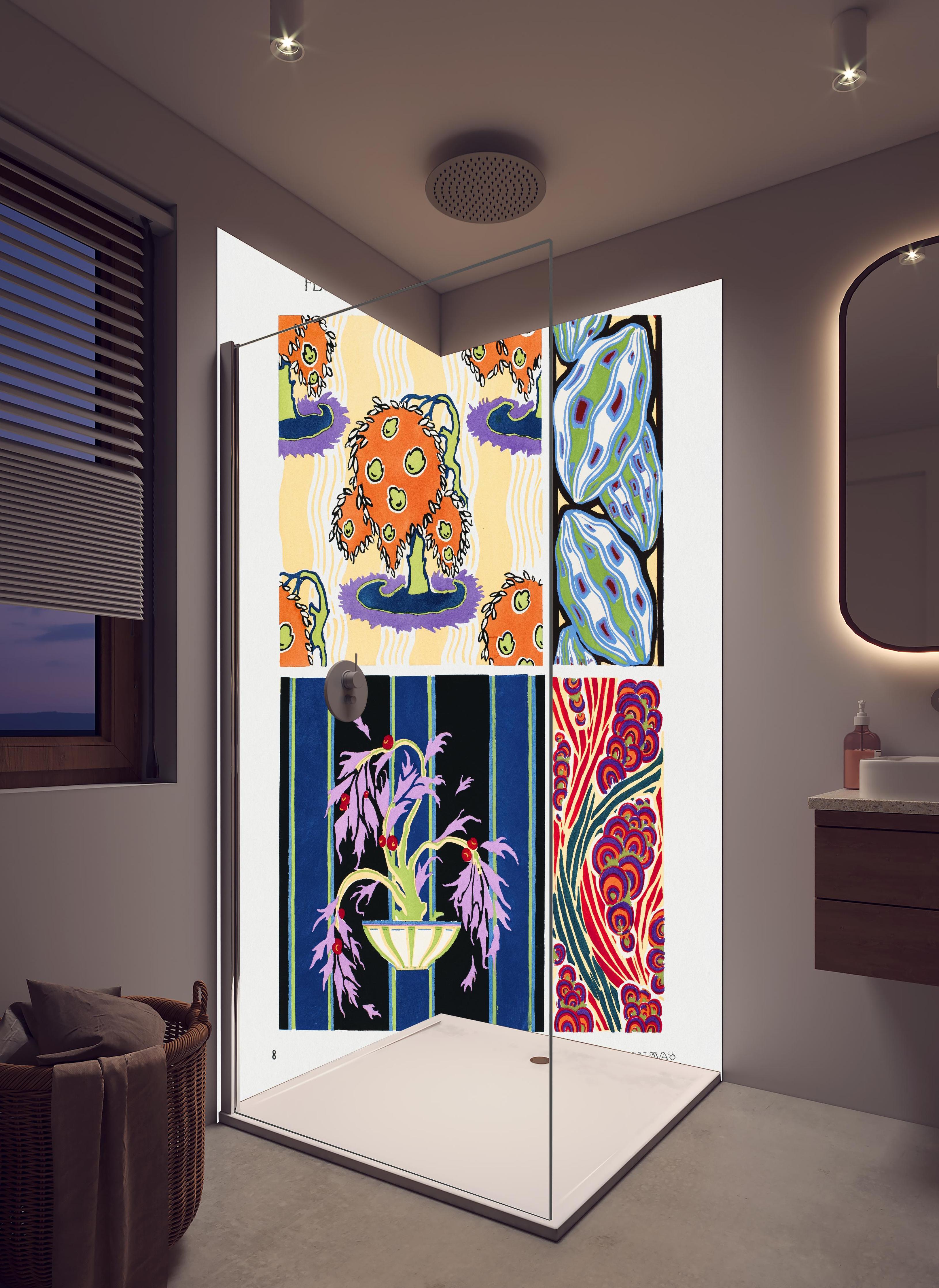 Duschrückwand - Meisterhafte Vintage Blumen Illustration Kunst in hellem Badezimmer mit Regenduschkopf - zweiteilige Eck-Duschrückwand