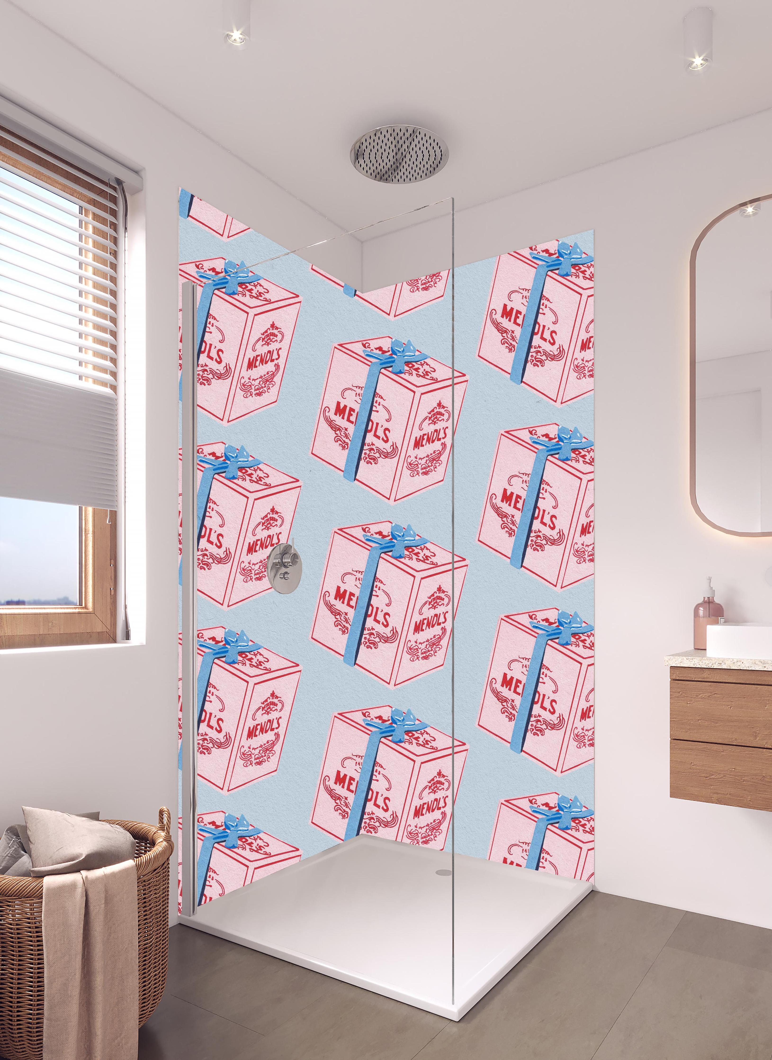 Duschrückwand - Mendl's Box Wes Anderson Film Kunst Druck in hellem Badezimmer mit Regenduschkopf - zweiteilige Eck-Duschrückwand