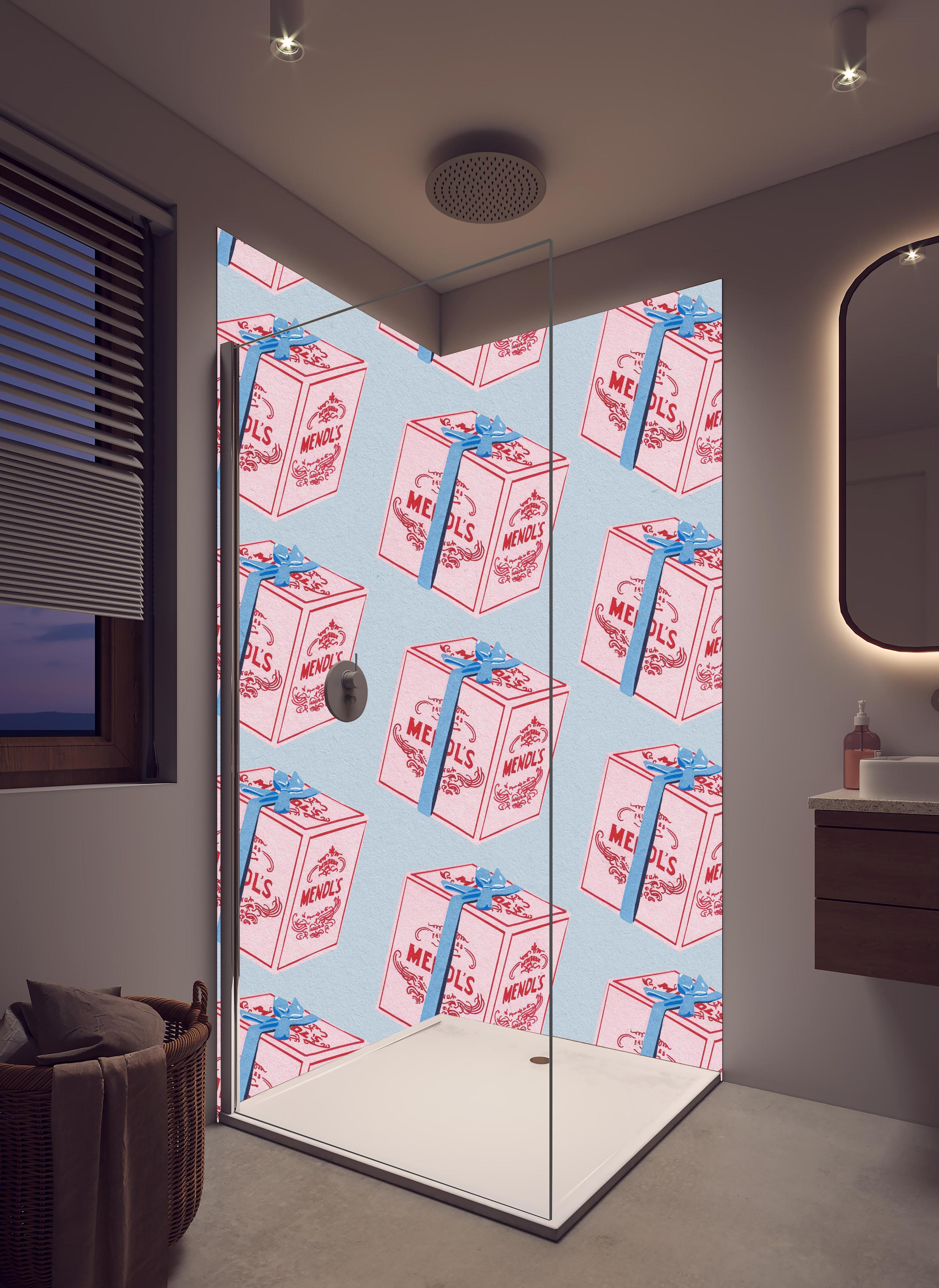 Duschrückwand - Mendl's Box Wes Anderson Film Kunst Druck in hellem Badezimmer mit Regenduschkopf - zweiteilige Eck-Duschrückwand