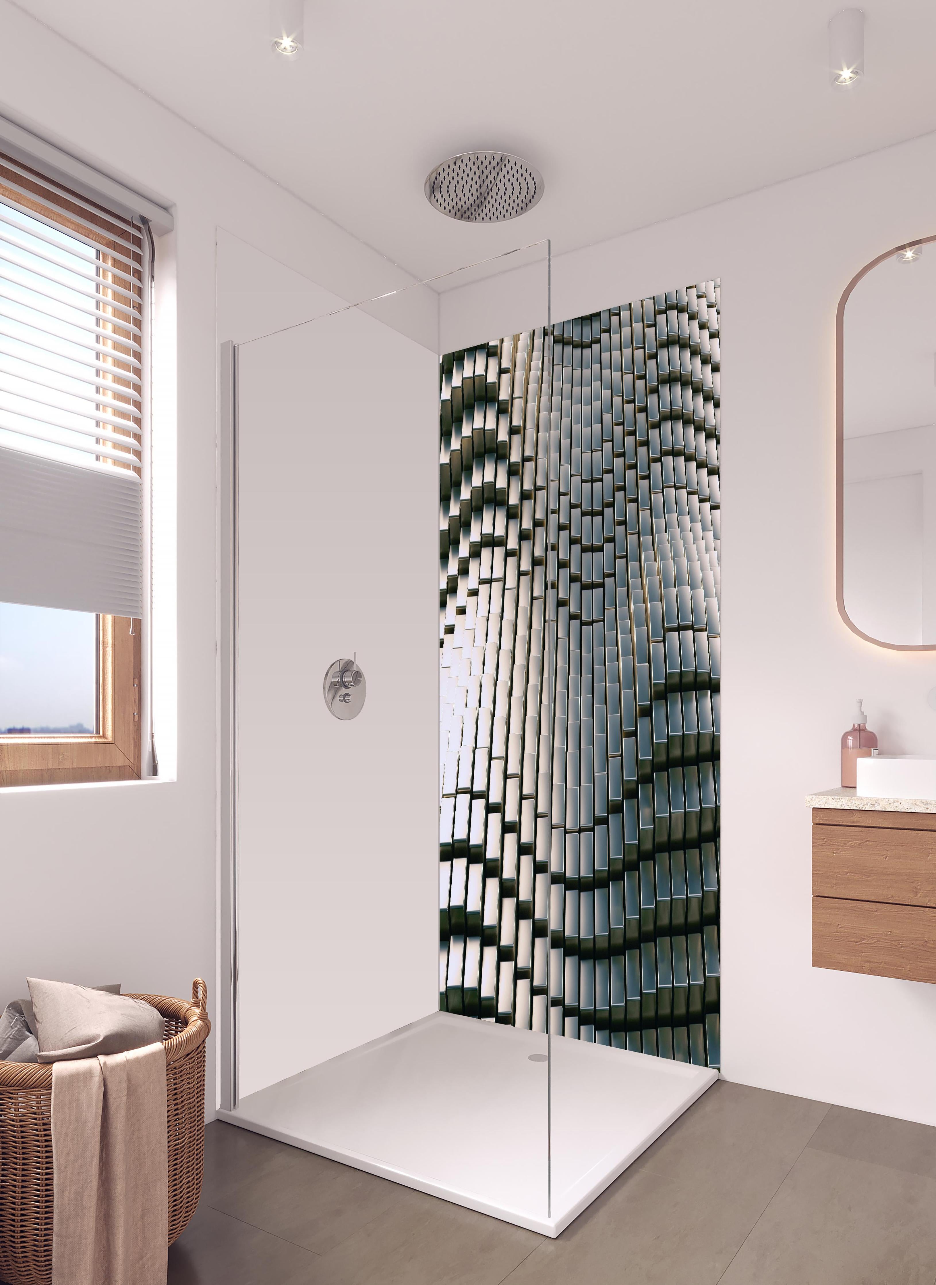 Duschrückwand - Metall Wellen Hintergrund in hellem Badezimmer mit Regenduschkopf - zweiteilige Eck-Duschrückwand