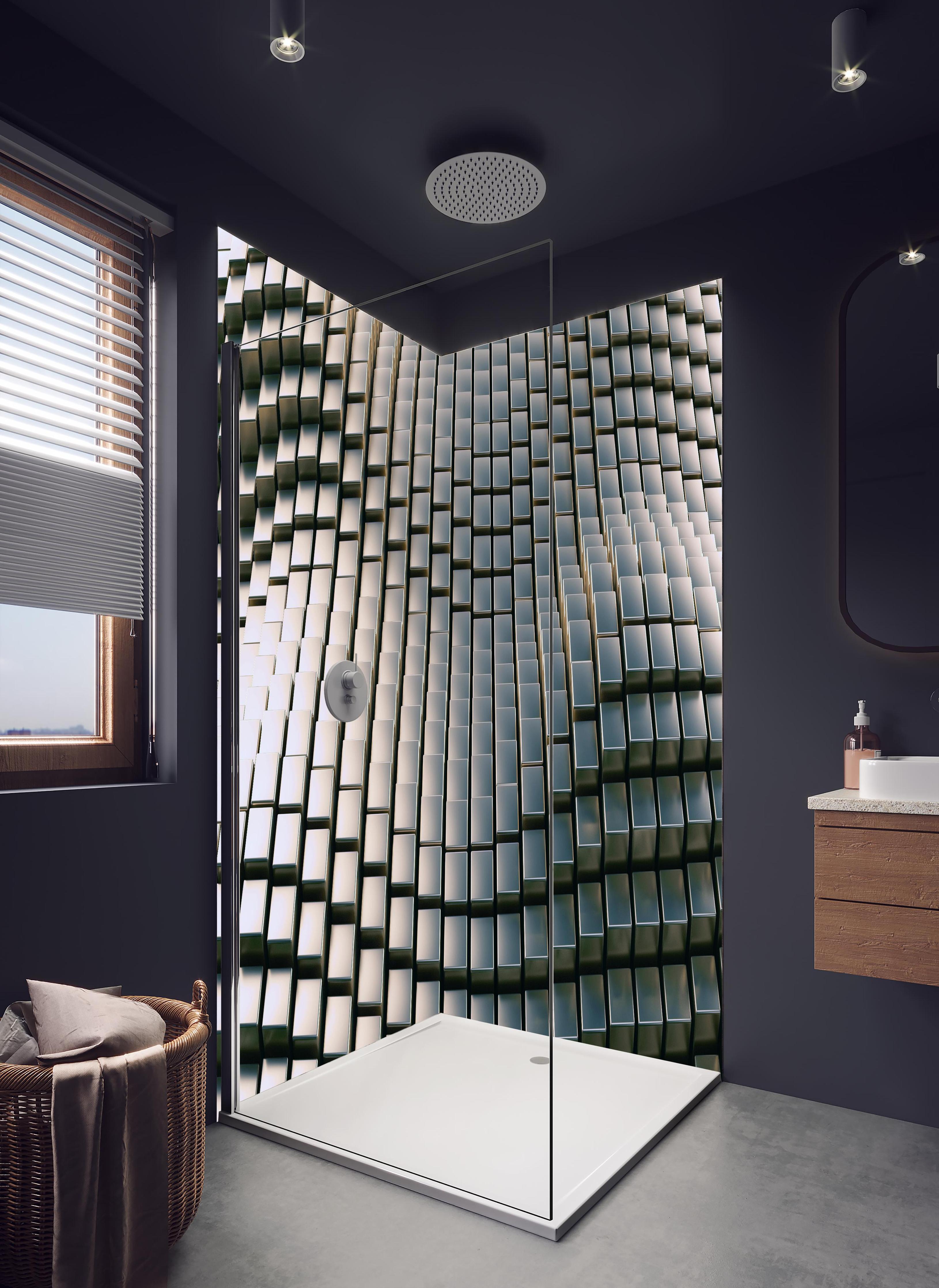 Duschrückwand - Metall Wellen Hintergrund in hellem Badezimmer mit Regenduschkopf - zweiteilige Eck-Duschrückwand