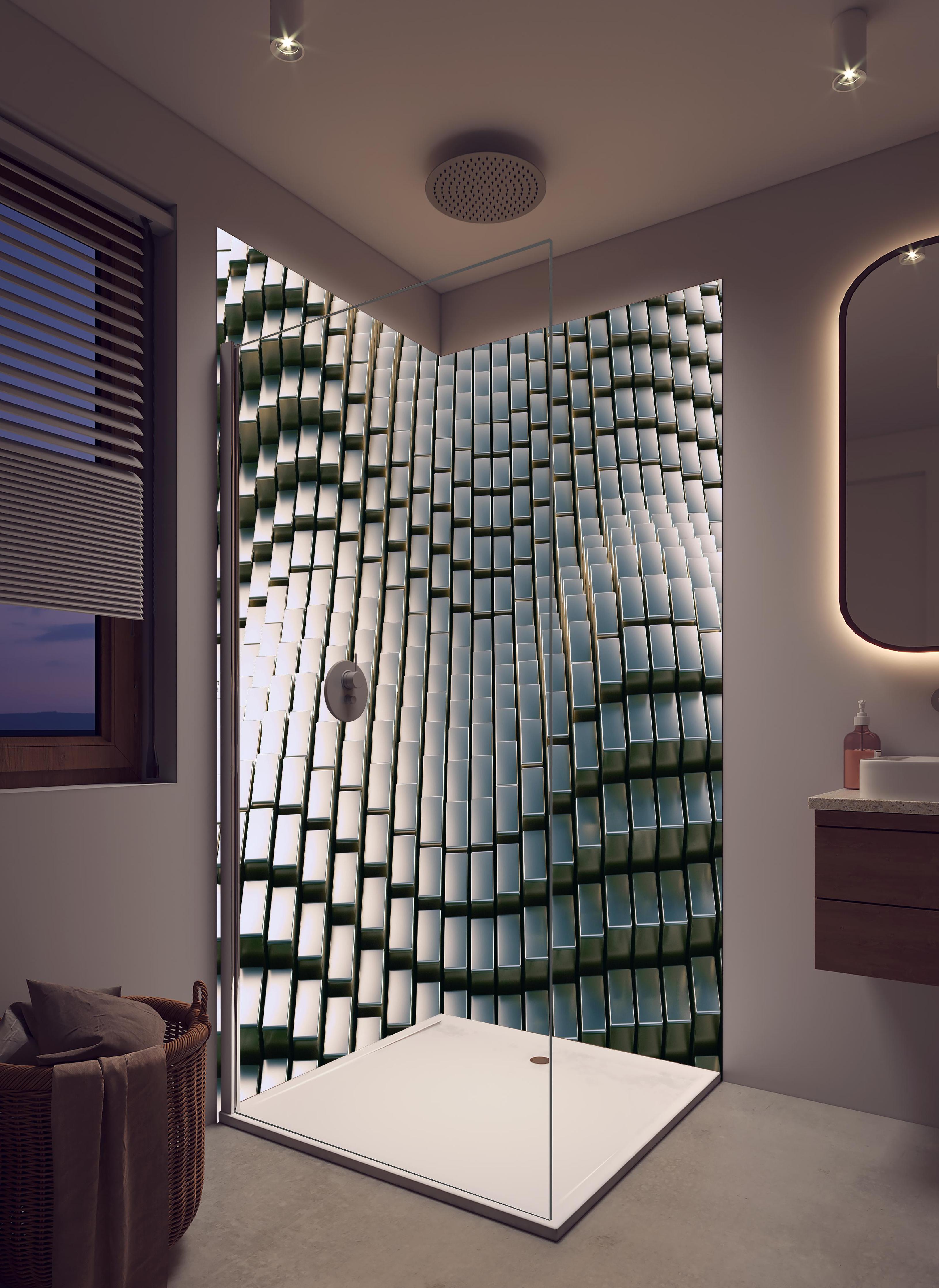 Duschrückwand - Metall Wellen Hintergrund in hellem Badezimmer mit Regenduschkopf - zweiteilige Eck-Duschrückwand