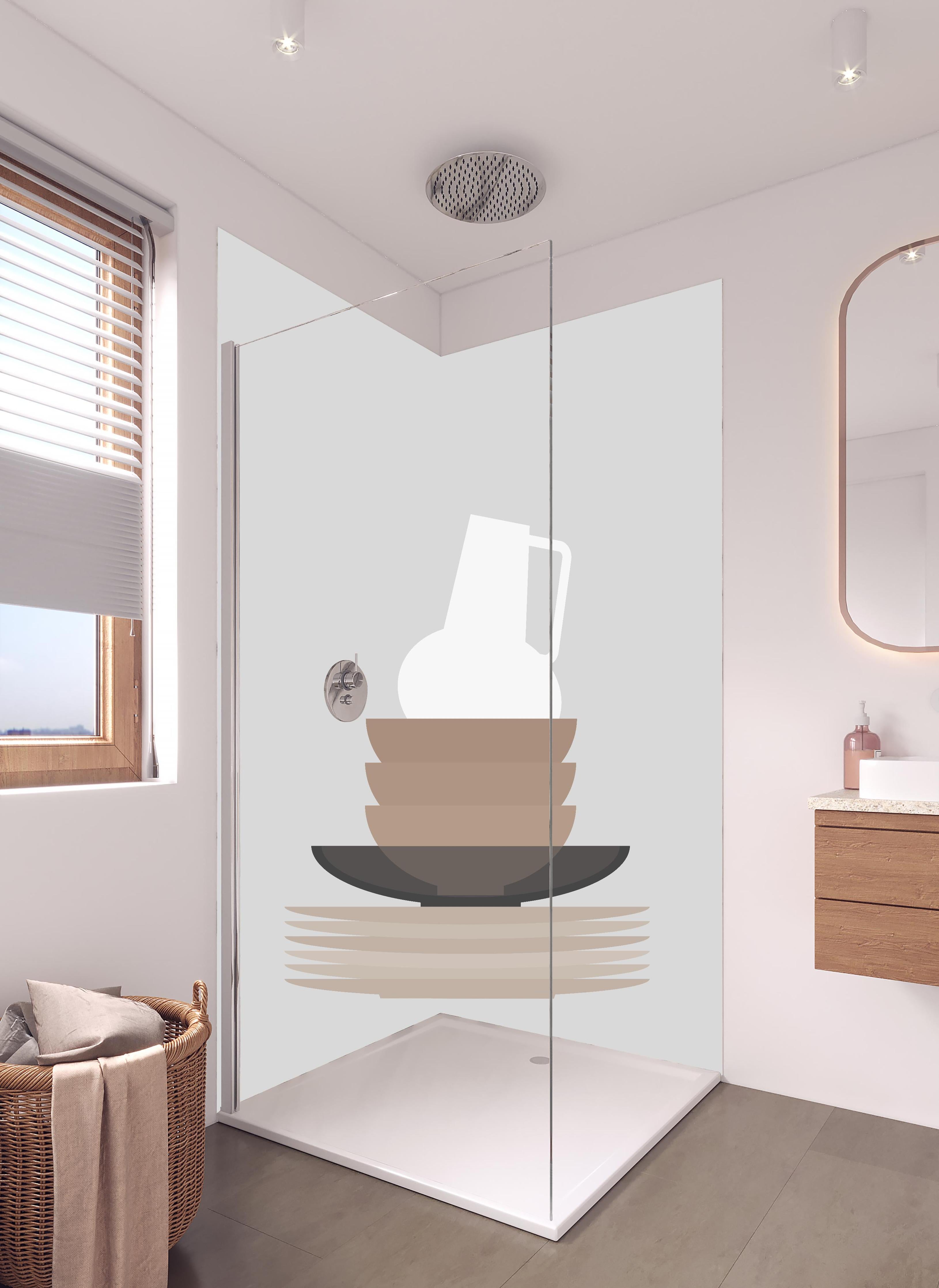 Duschrückwand - Mid-Century Skandi-Geschirr und Vase in Grau in hellem Badezimmer mit Regenduschkopf - zweiteilige Eck-Duschrückwand