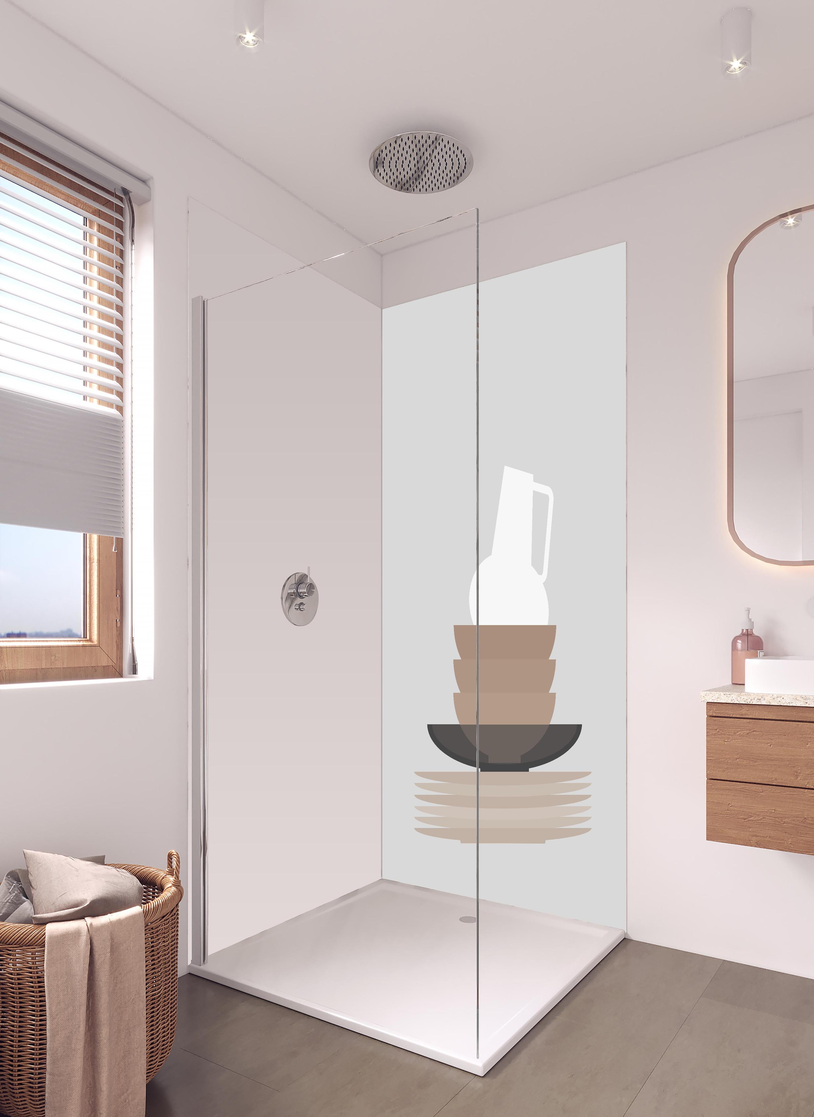 Duschrückwand - Mid-Century Skandi-Geschirr und Vase in Grau in hellem Badezimmer mit Regenduschkopf - zweiteilige Eck-Duschrückwand