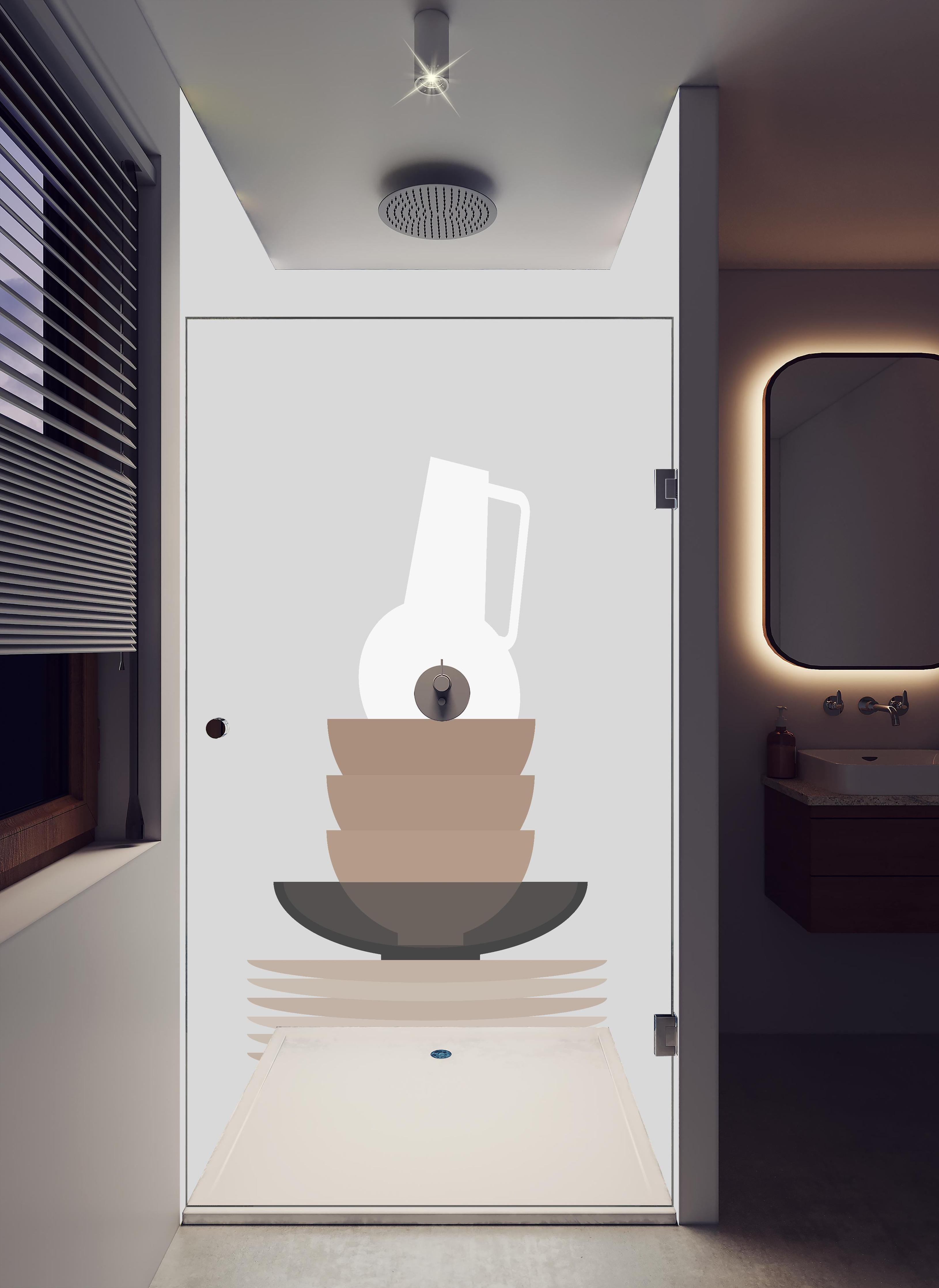 Duschrückwand - Mid-Century Skandi-Geschirr und Vase in Grau in hellem Badezimmer mit Regenduschkopf - zweiteilige Eck-Duschrückwand