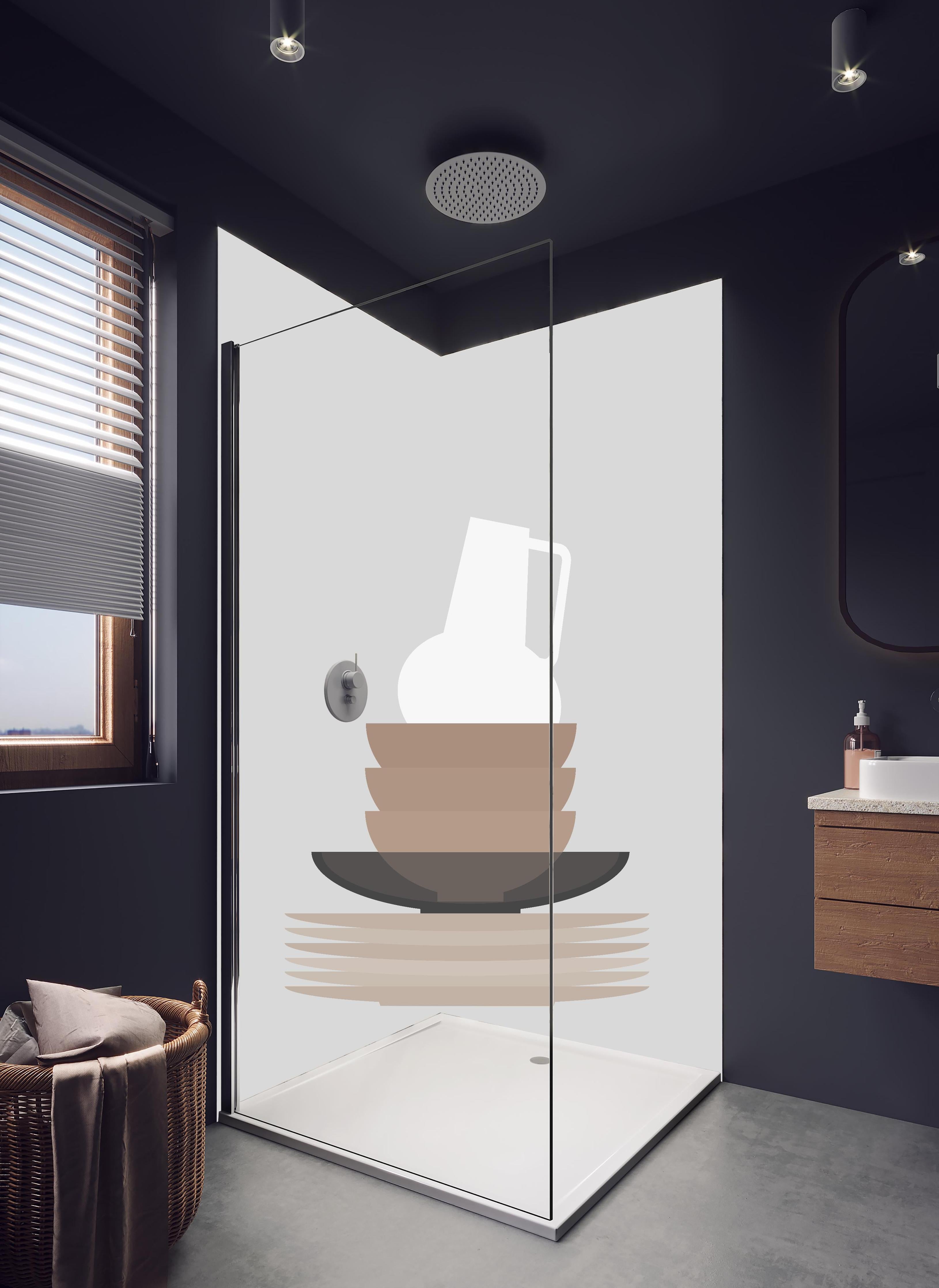 Duschrückwand - Mid-Century Skandi-Geschirr und Vase in Grau in hellem Badezimmer mit Regenduschkopf - zweiteilige Eck-Duschrückwand