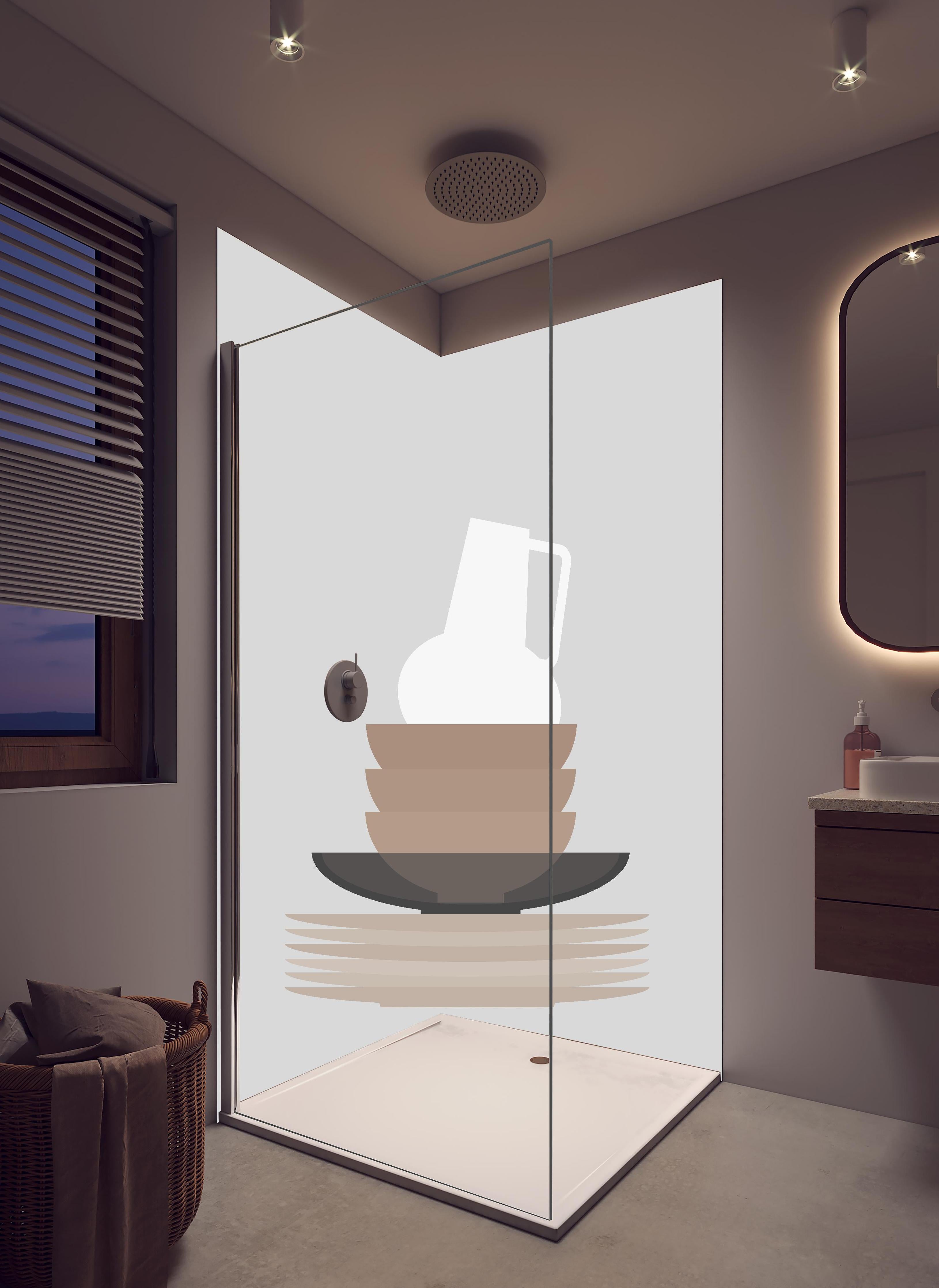 Duschrückwand - Mid-Century Skandi-Geschirr und Vase in Grau in hellem Badezimmer mit Regenduschkopf - zweiteilige Eck-Duschrückwand