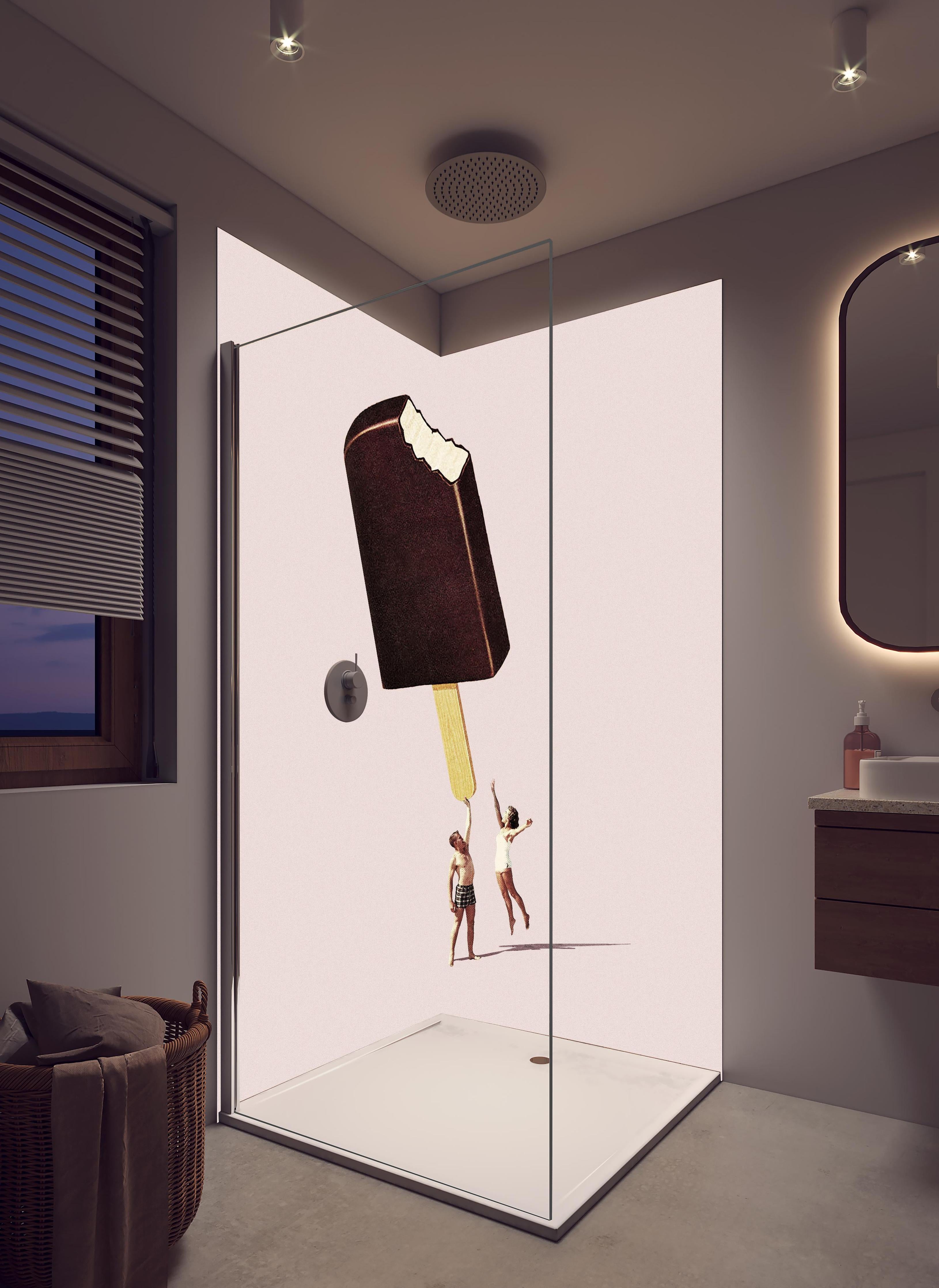 Duschrückwand - Miniatur Menschen halten Eis in hellem Badezimmer mit Regenduschkopf - zweiteilige Eck-Duschrückwand