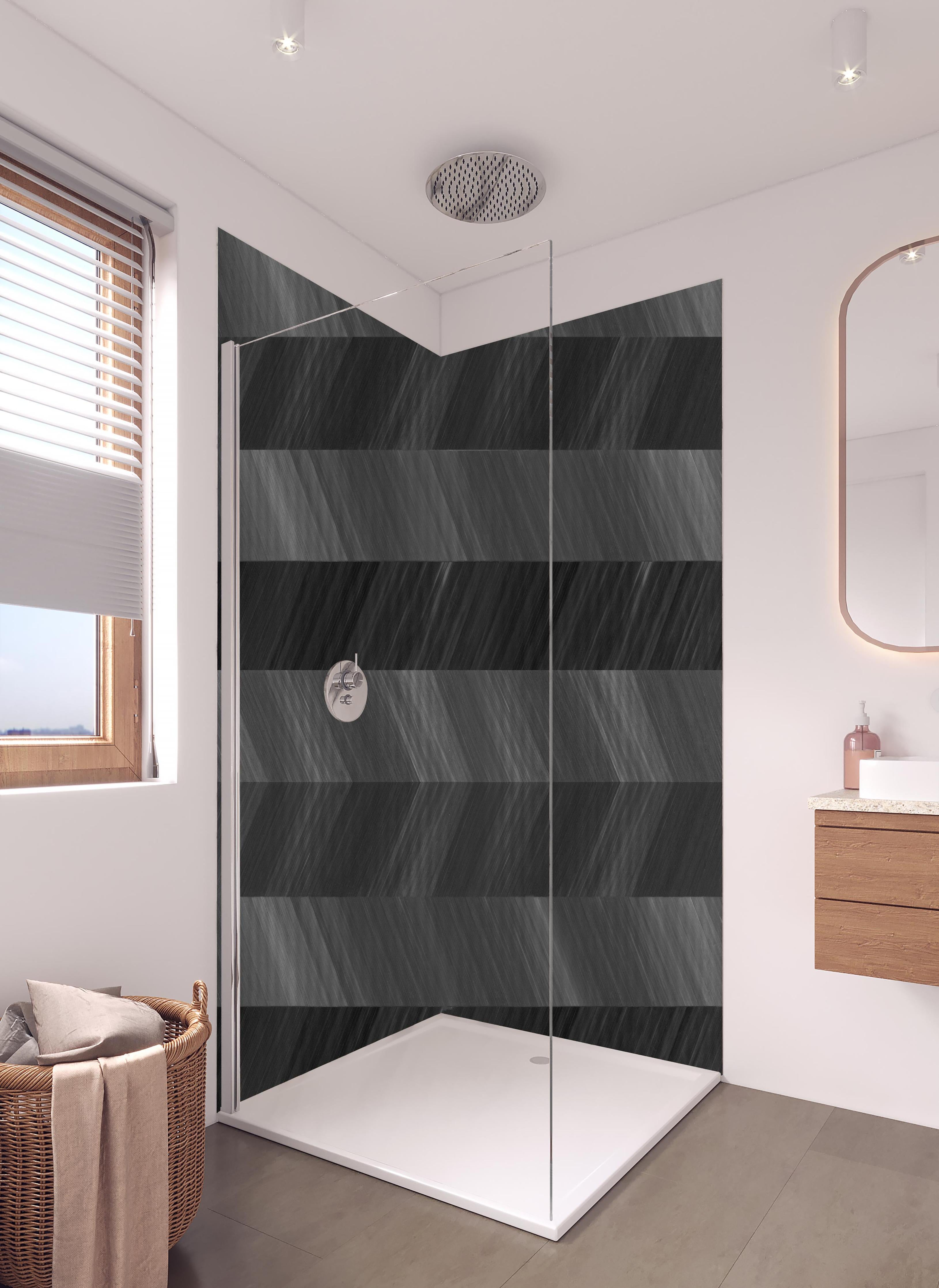 Duschrückwand - Minimaler Zickzack-Muster in hellem Badezimmer mit Regenduschkopf - zweiteilige Eck-Duschrückwand
