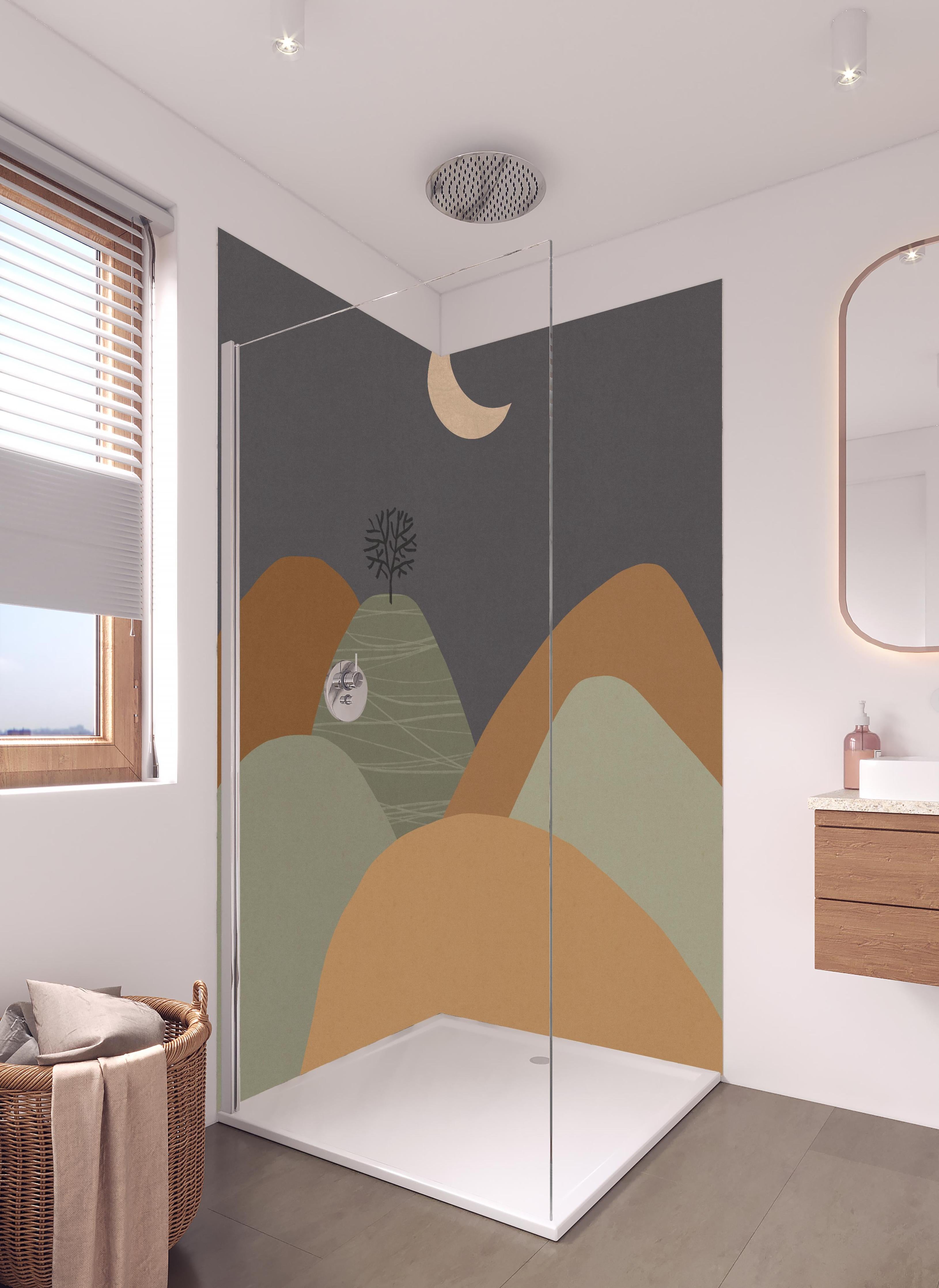 Duschrückwand - Minimalistische Baum und Berge Nacht Szene in hellem Badezimmer mit Regenduschkopf - zweiteilige Eck-Duschrückwand