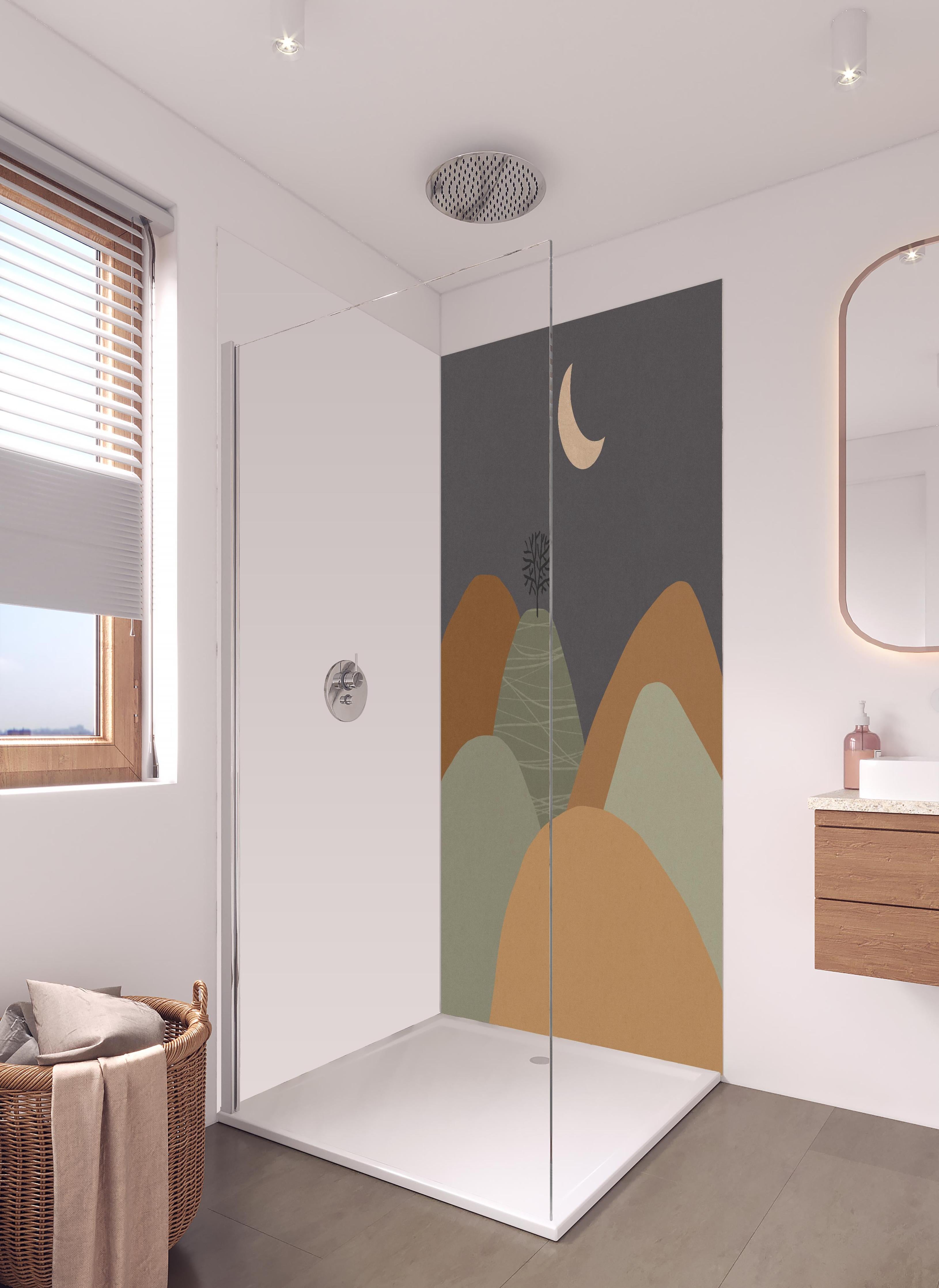Duschrückwand - Minimalistische Baum und Berge Nacht Szene in hellem Badezimmer mit Regenduschkopf - zweiteilige Eck-Duschrückwand