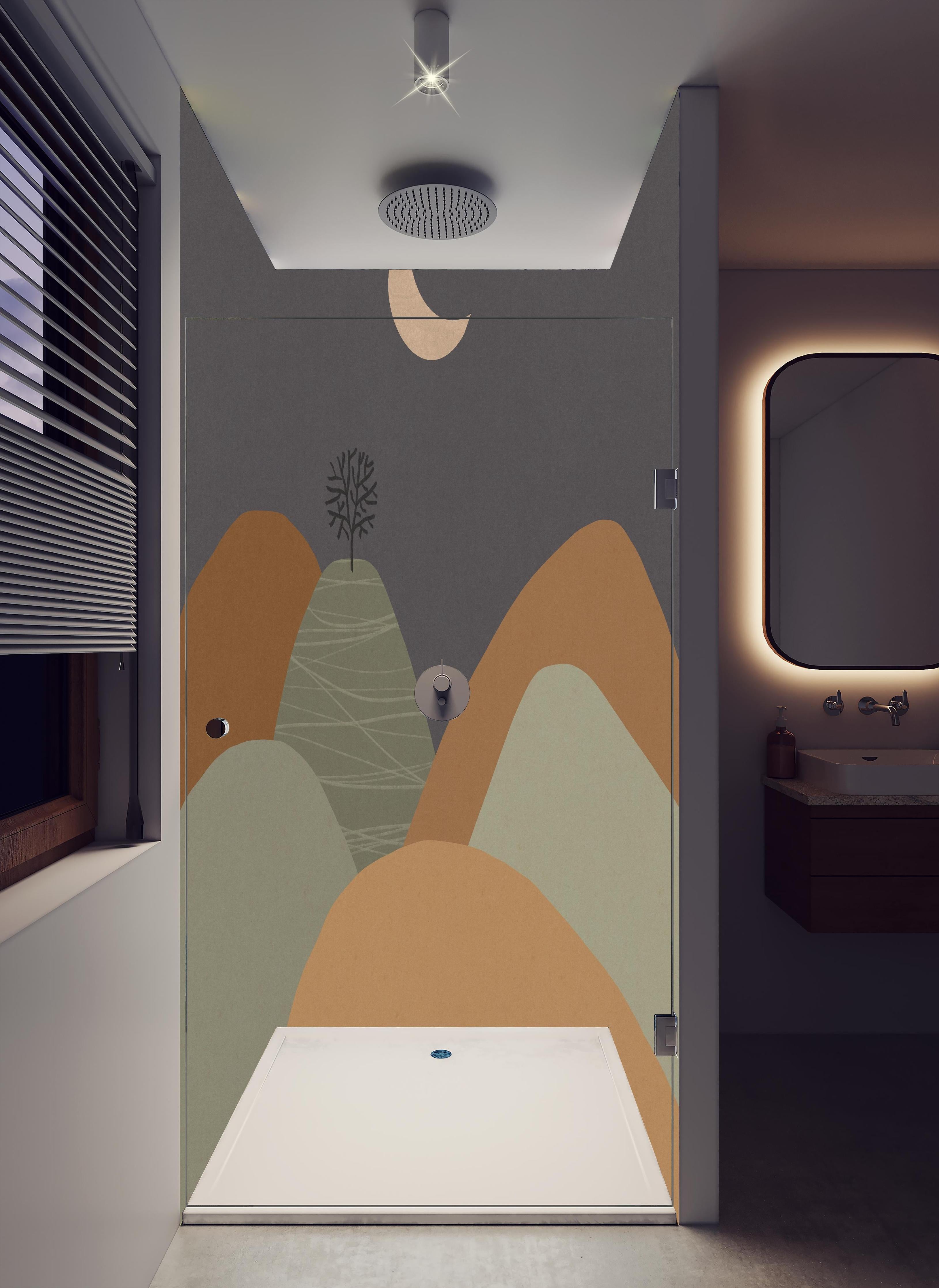 Duschrückwand - Minimalistische Baum und Berge Nacht Szene in hellem Badezimmer mit Regenduschkopf - zweiteilige Eck-Duschrückwand