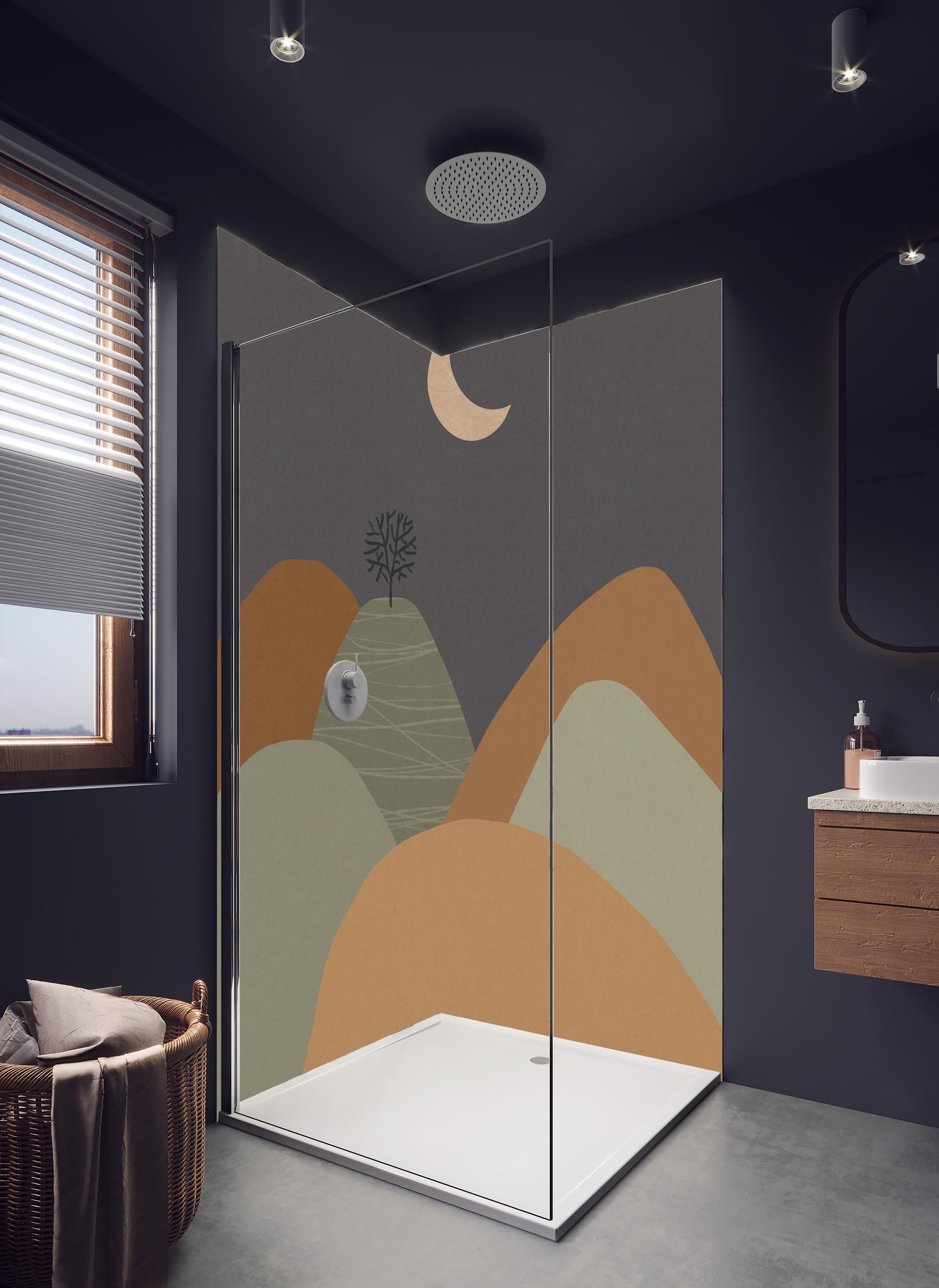 Duschrückwand - Minimalistische Baum und Berge Nacht Szene in hellem Badezimmer mit Regenduschkopf - zweiteilige Eck-Duschrückwand