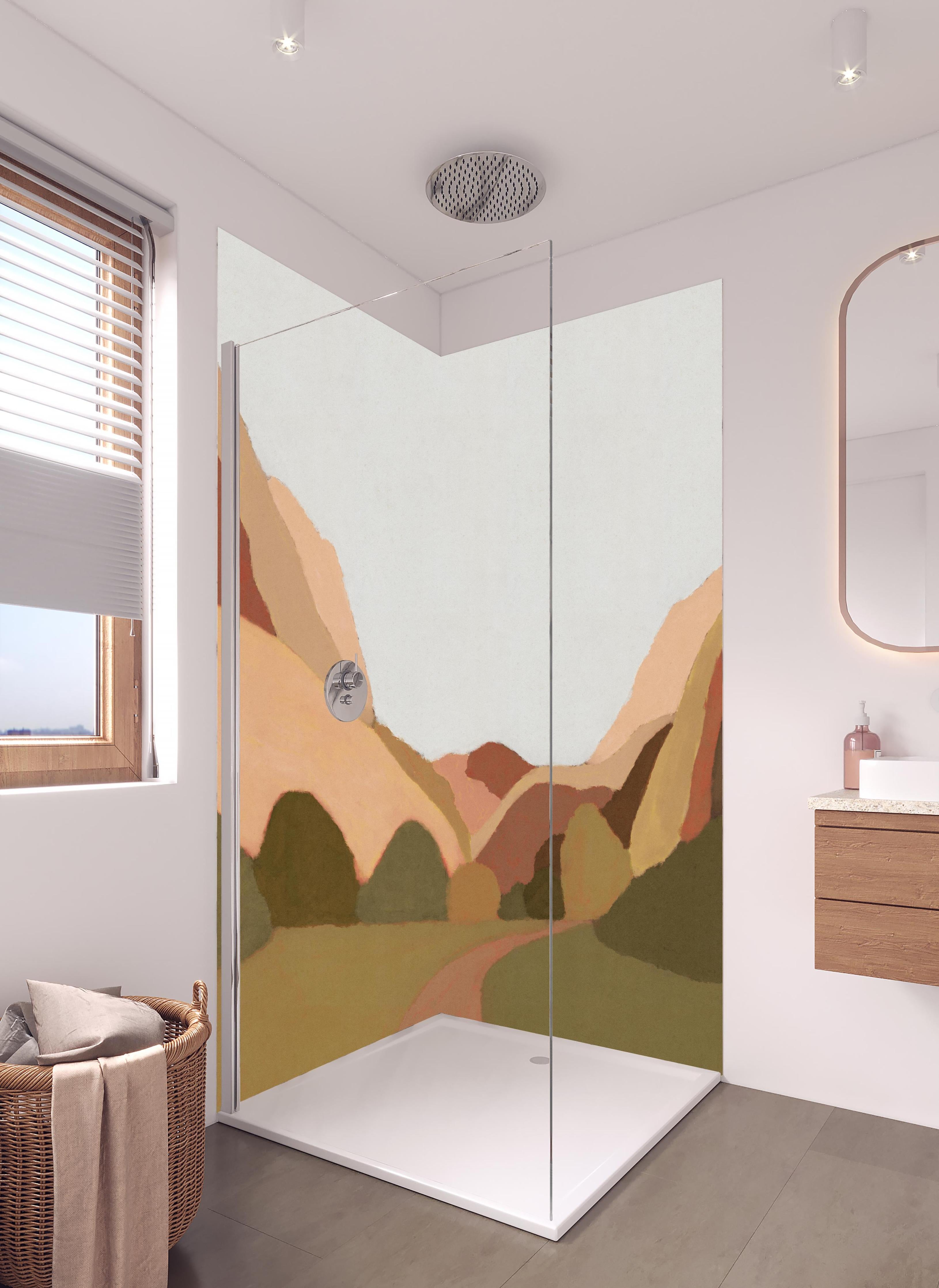 Duschrückwand - Minimalistische Berge in Erdtönen in hellem Badezimmer mit Regenduschkopf - zweiteilige Eck-Duschrückwand