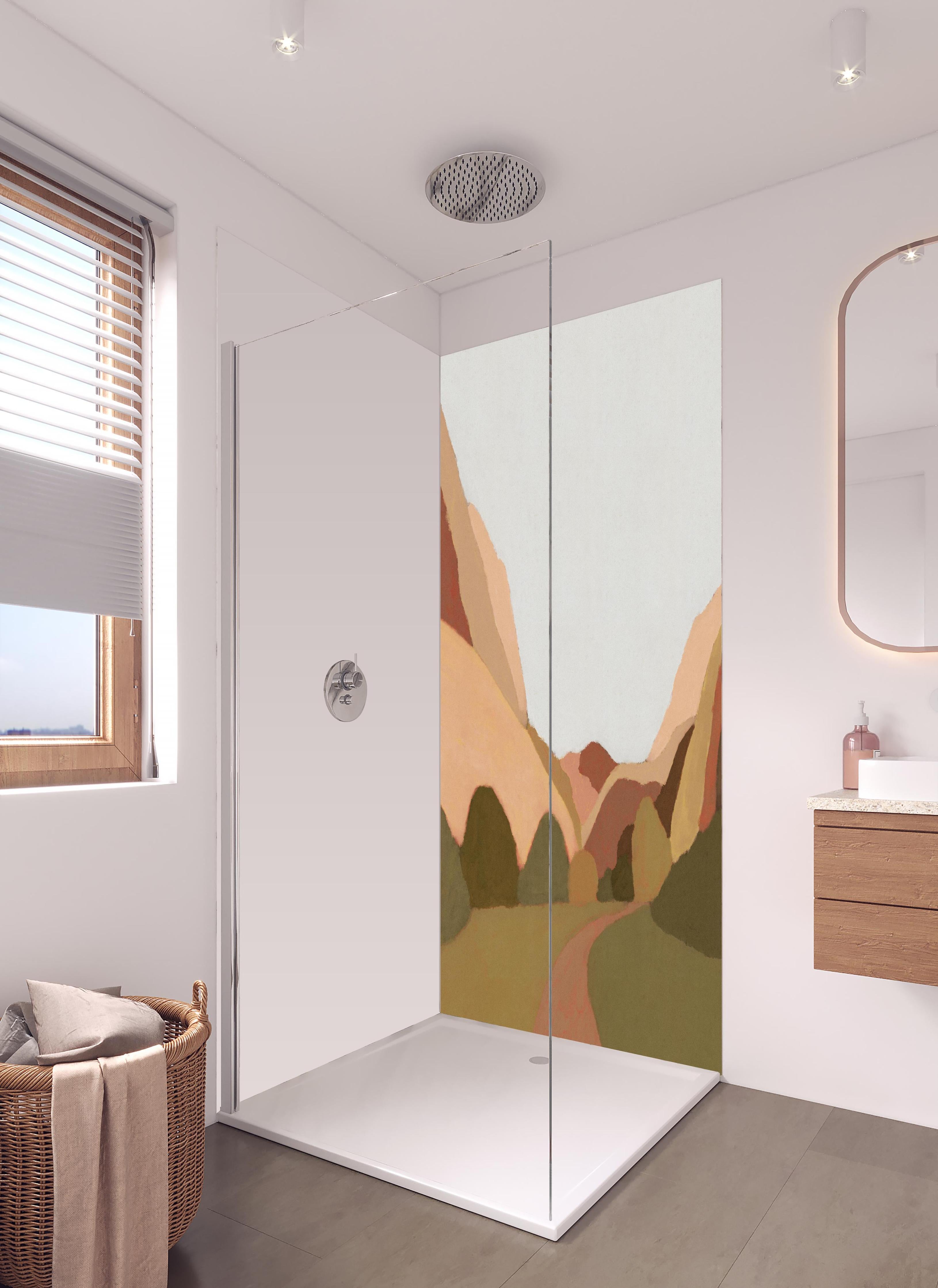 Duschrückwand - Minimalistische Berge in Erdtönen in hellem Badezimmer mit Regenduschkopf - zweiteilige Eck-Duschrückwand