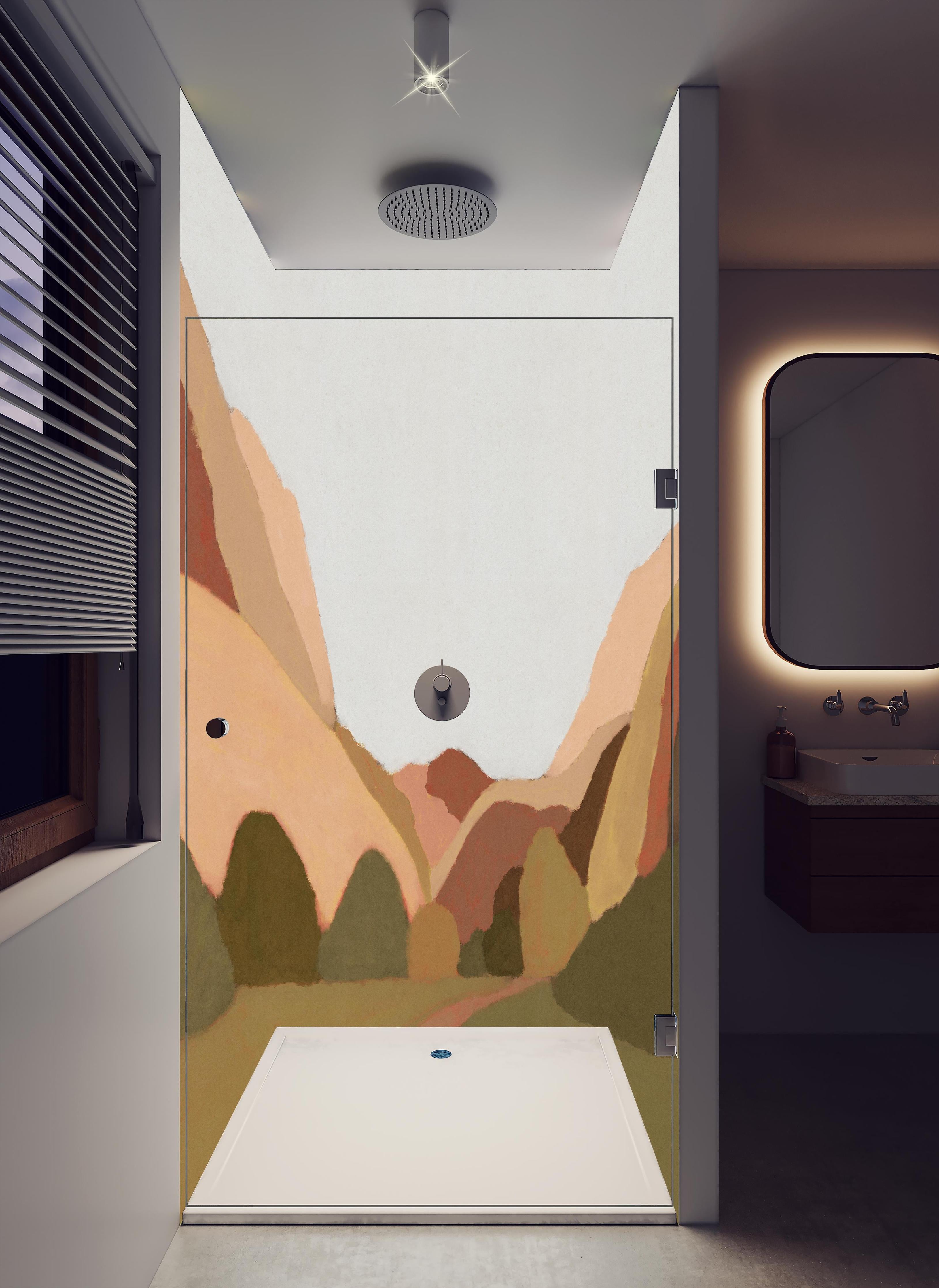 Duschrückwand - Minimalistische Berge in Erdtönen in hellem Badezimmer mit Regenduschkopf - zweiteilige Eck-Duschrückwand