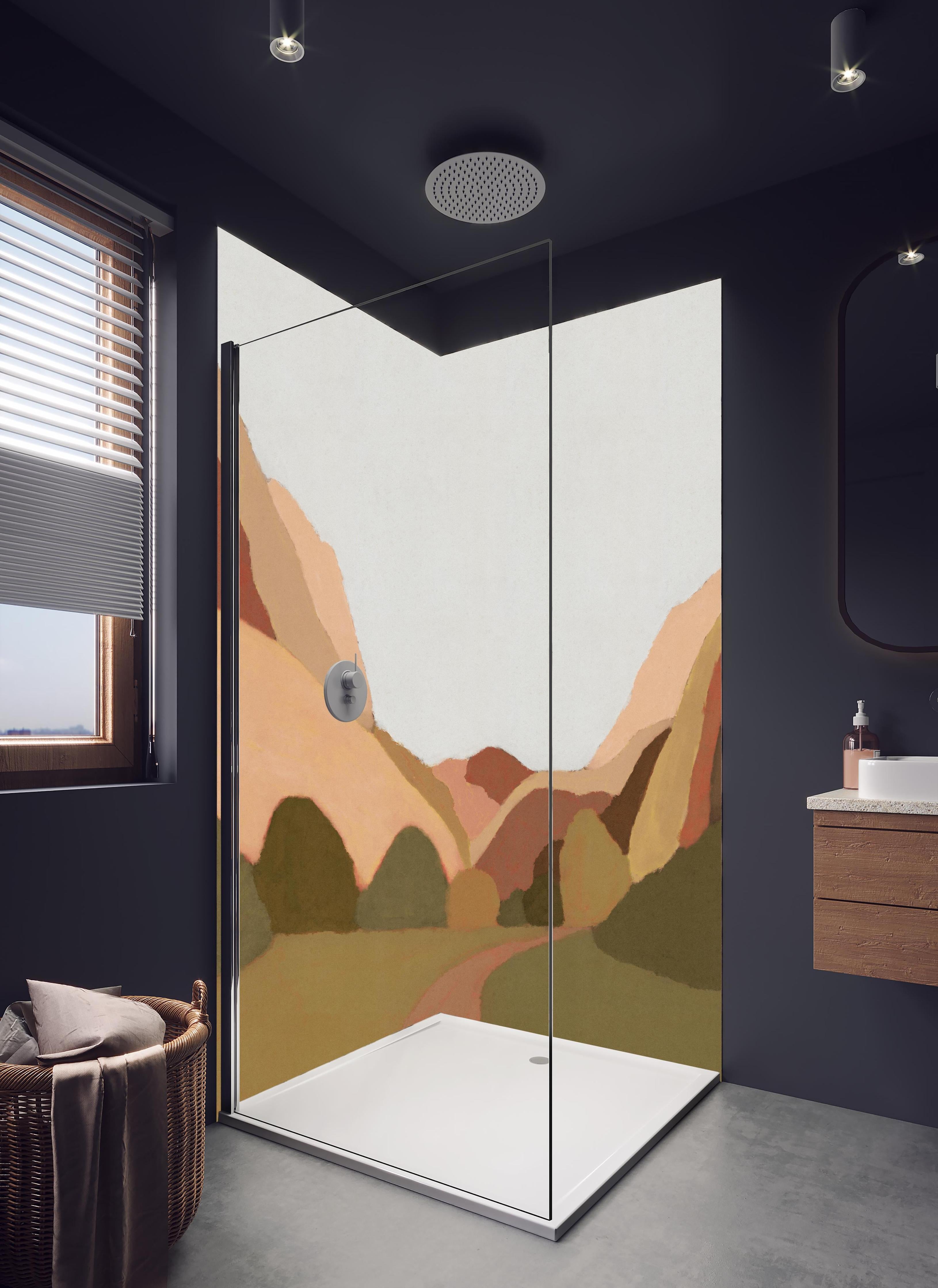 Duschrückwand - Minimalistische Berge in Erdtönen in hellem Badezimmer mit Regenduschkopf - zweiteilige Eck-Duschrückwand