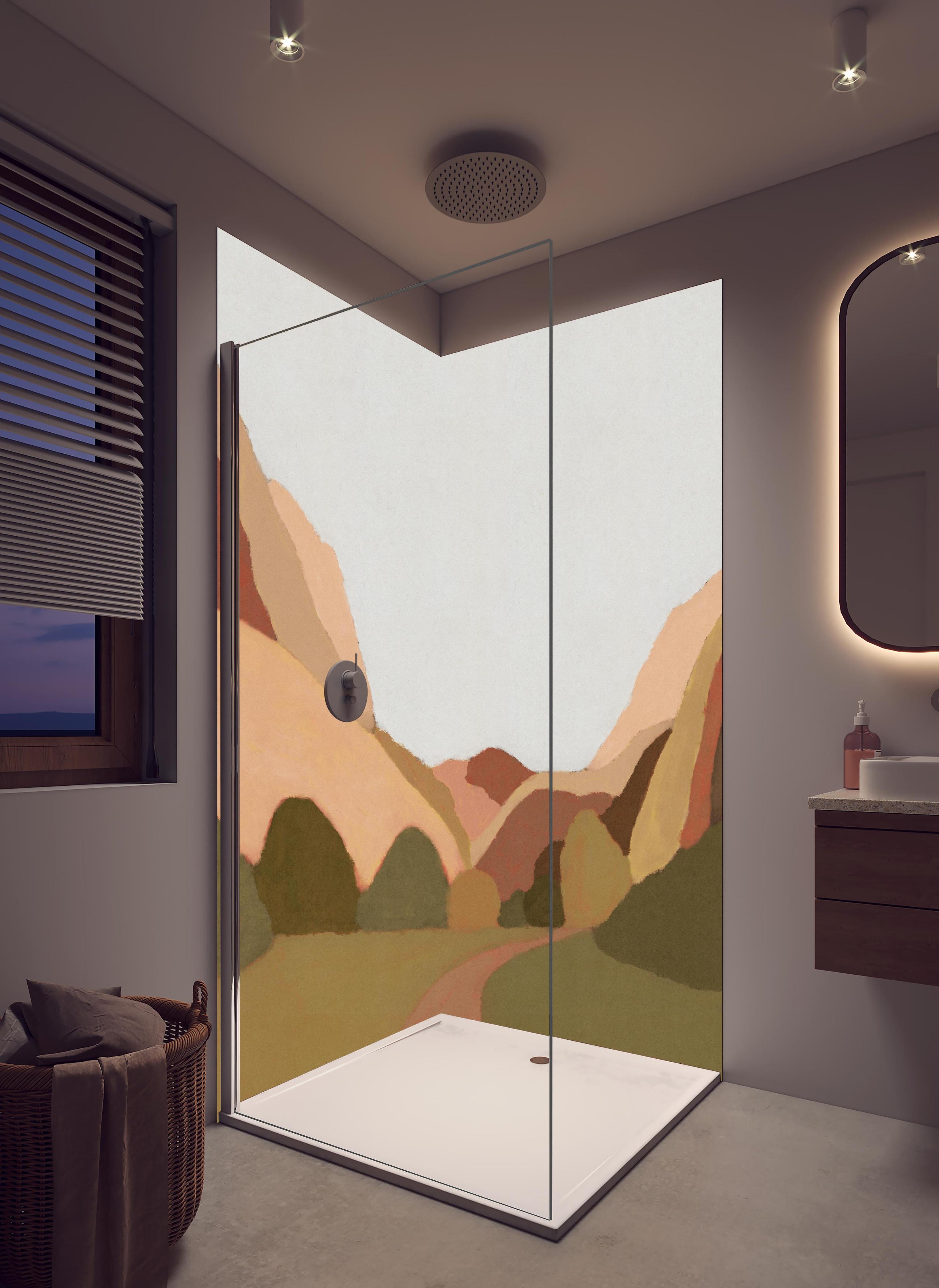 Duschrückwand - Minimalistische Berge in Erdtönen in hellem Badezimmer mit Regenduschkopf - zweiteilige Eck-Duschrückwand