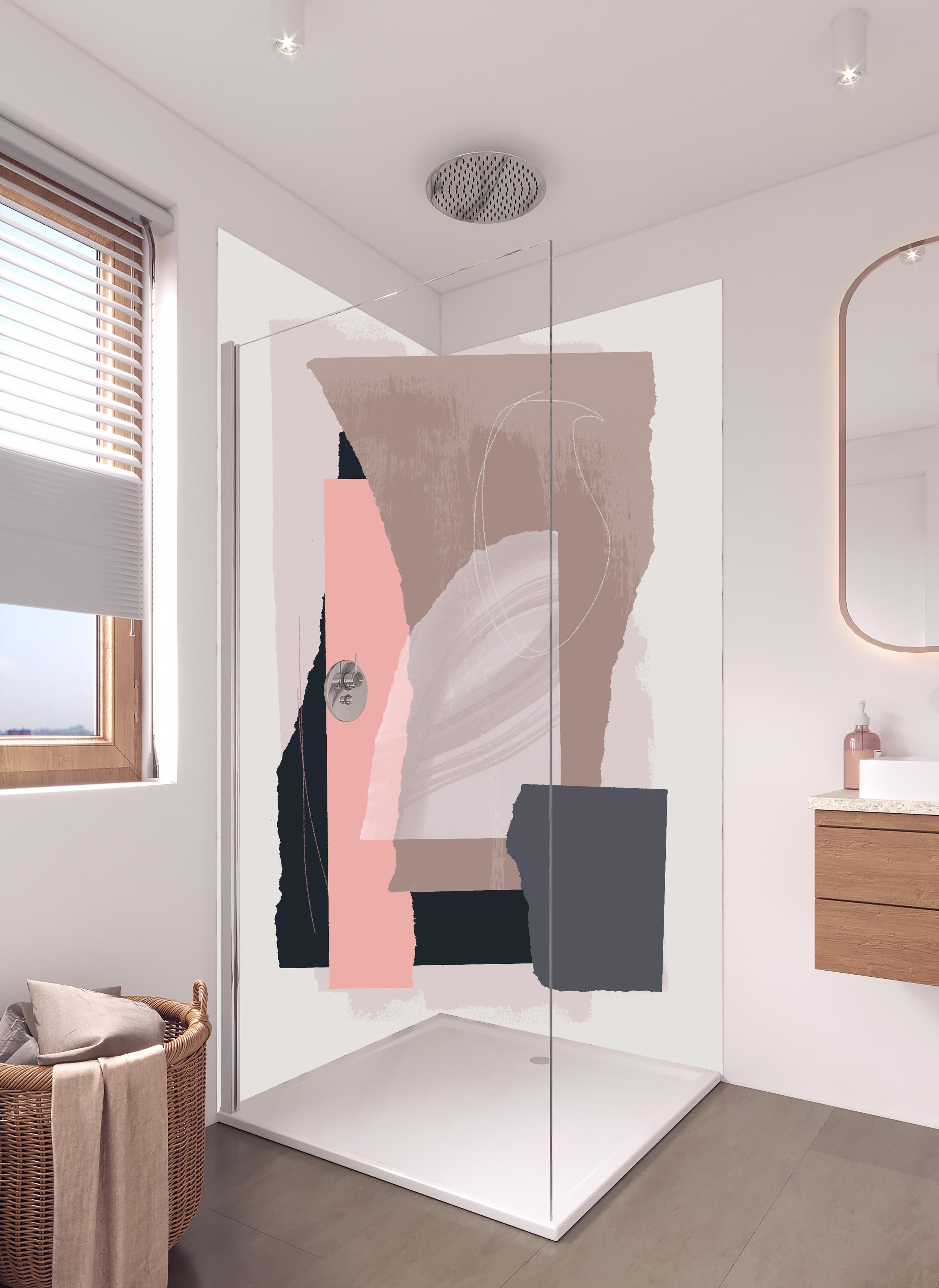 Duschrückwand - Moderne Aquarell-Kunst in Pastelltönen in hellem Badezimmer mit Regenduschkopf - zweiteilige Eck-Duschrückwand