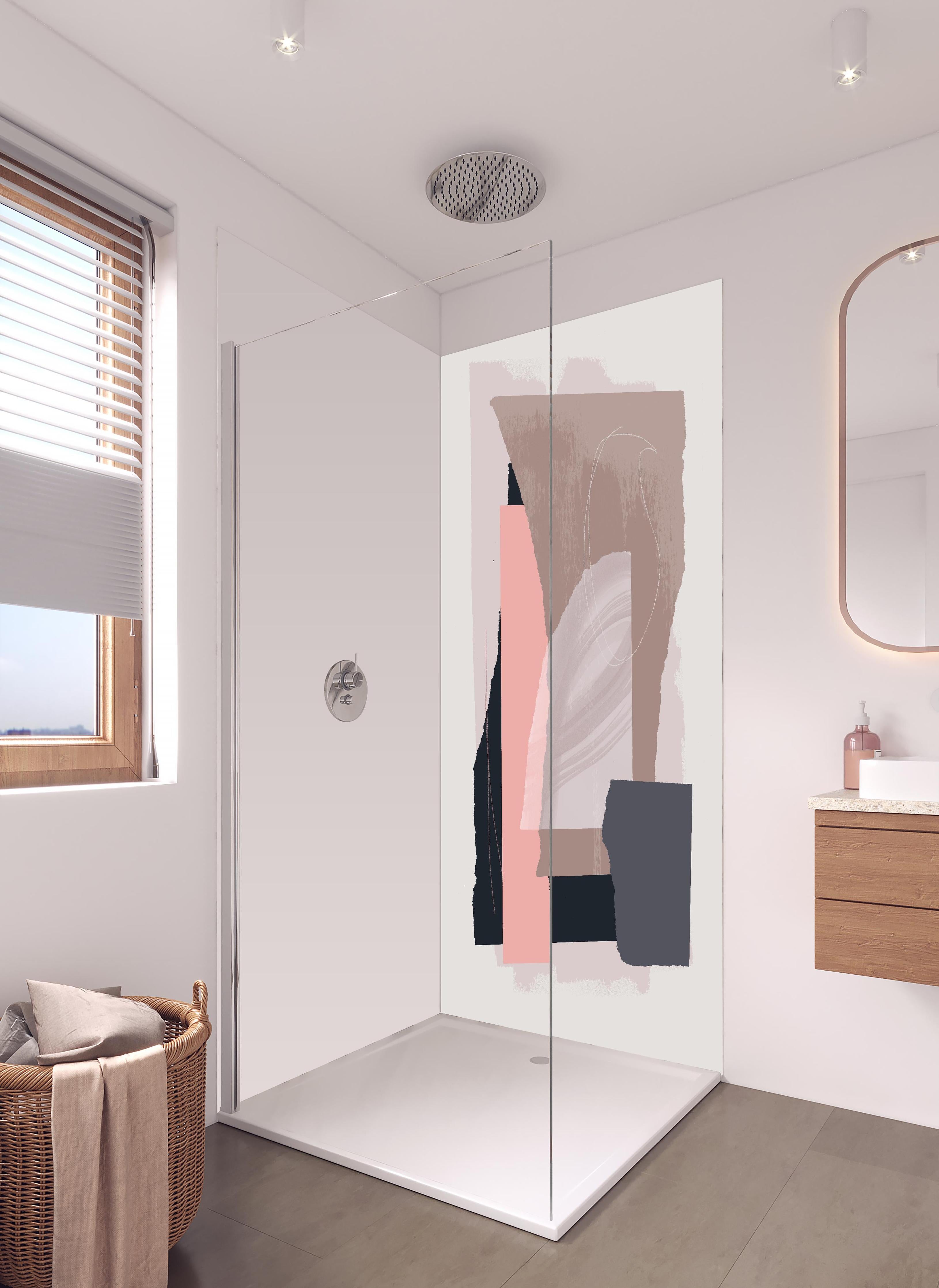 Duschrückwand - Moderne Aquarell-Kunst in Pastelltönen in hellem Badezimmer mit Regenduschkopf - zweiteilige Eck-Duschrückwand