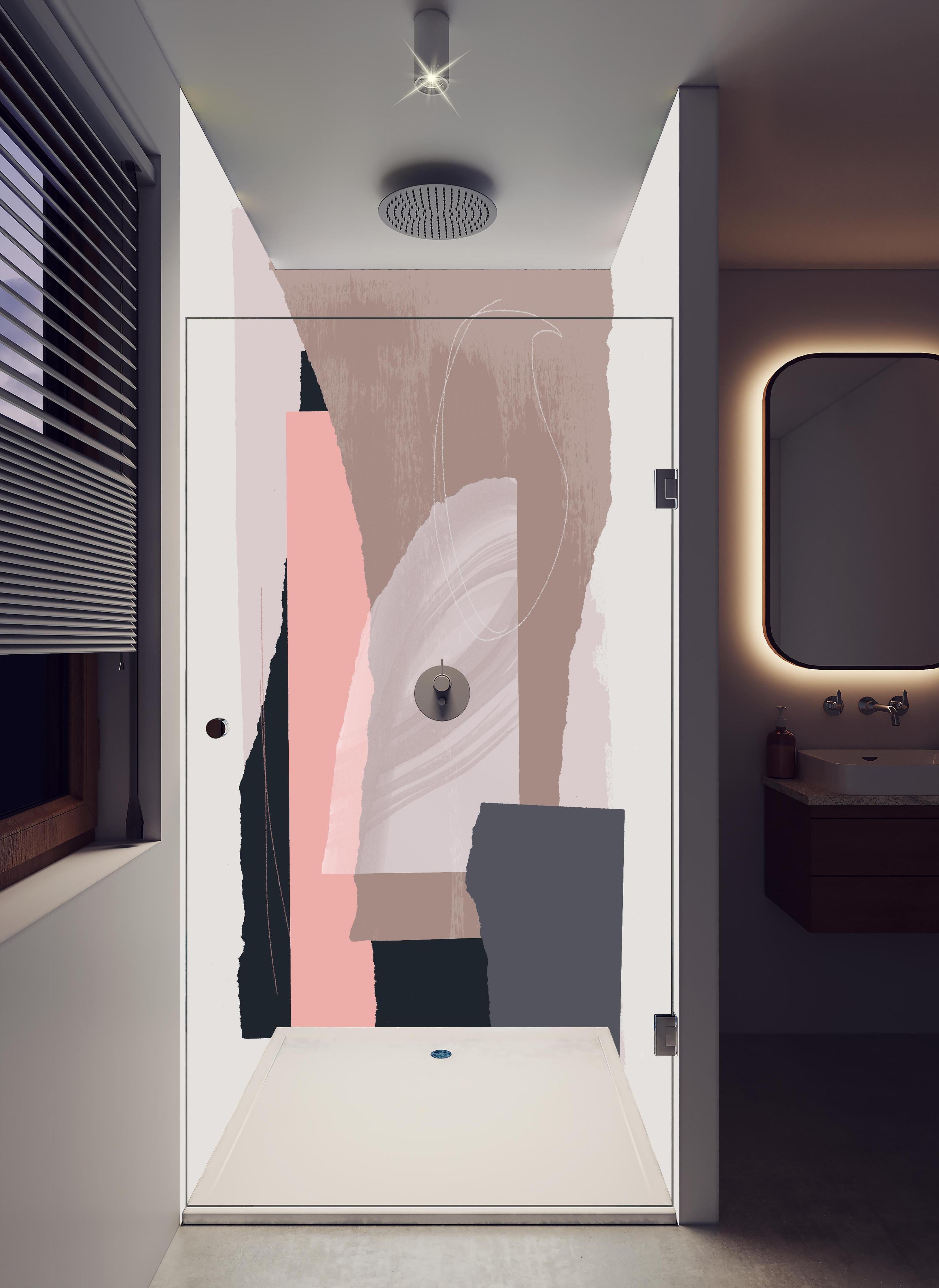 Duschrückwand - Moderne Aquarell-Kunst in Pastelltönen in hellem Badezimmer mit Regenduschkopf - zweiteilige Eck-Duschrückwand