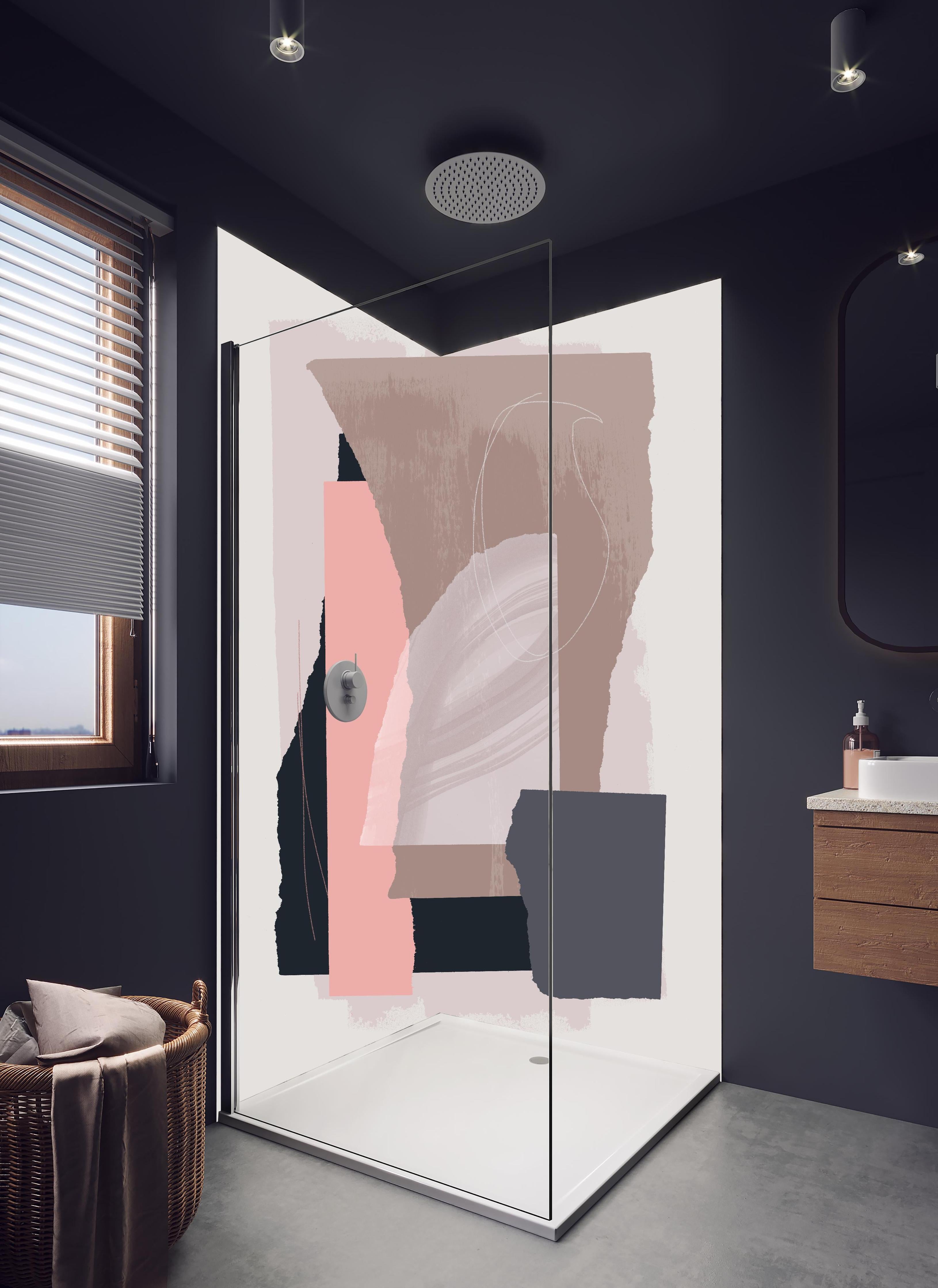 Duschrückwand - Moderne Aquarell-Kunst in Pastelltönen in hellem Badezimmer mit Regenduschkopf - zweiteilige Eck-Duschrückwand