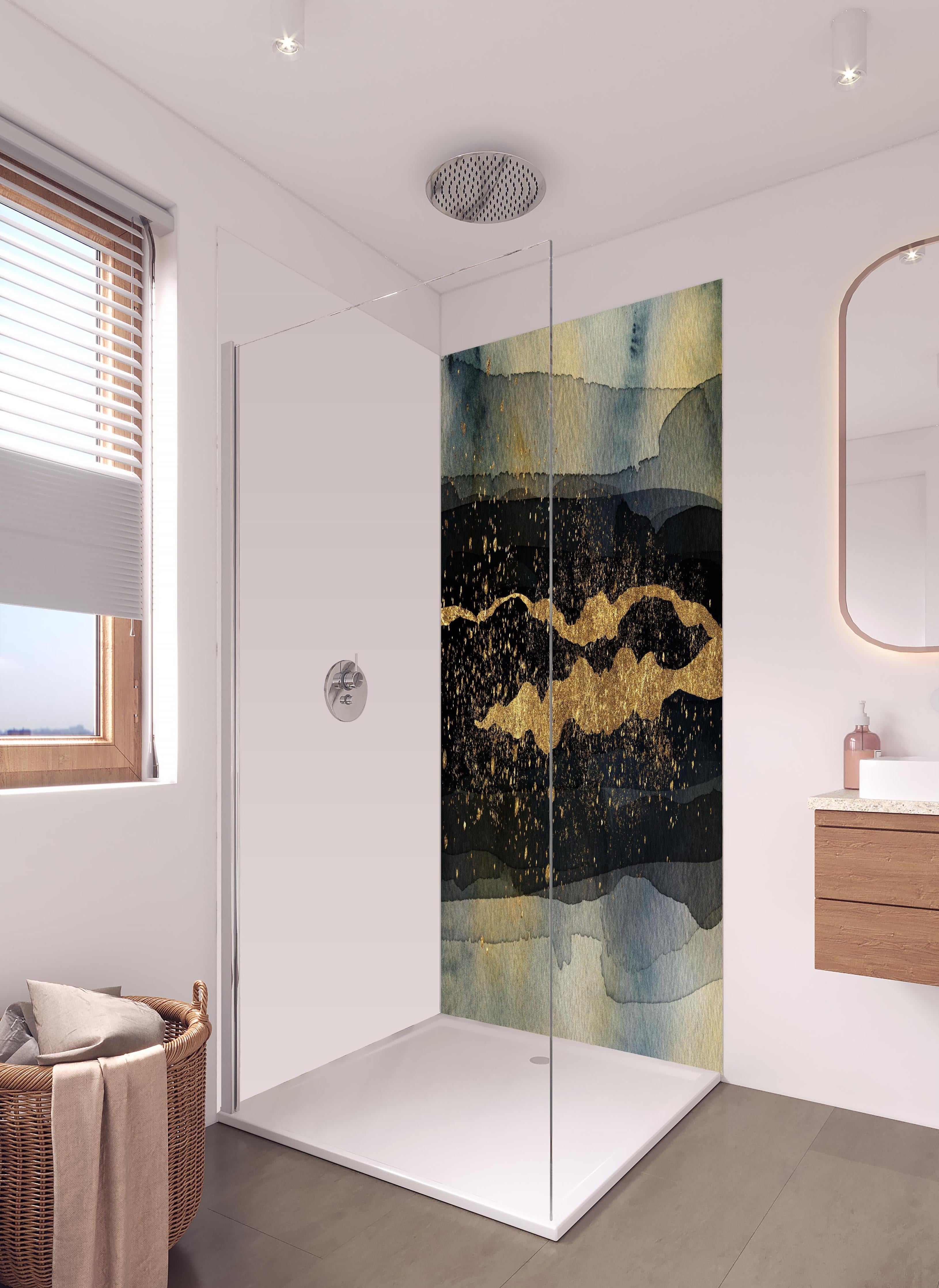 Duschrückwand - Moderne Darstellung - Aquarellmalerei in hellem Badezimmer mit Regenduschkopf - zweiteilige Eck-Duschrückwand
