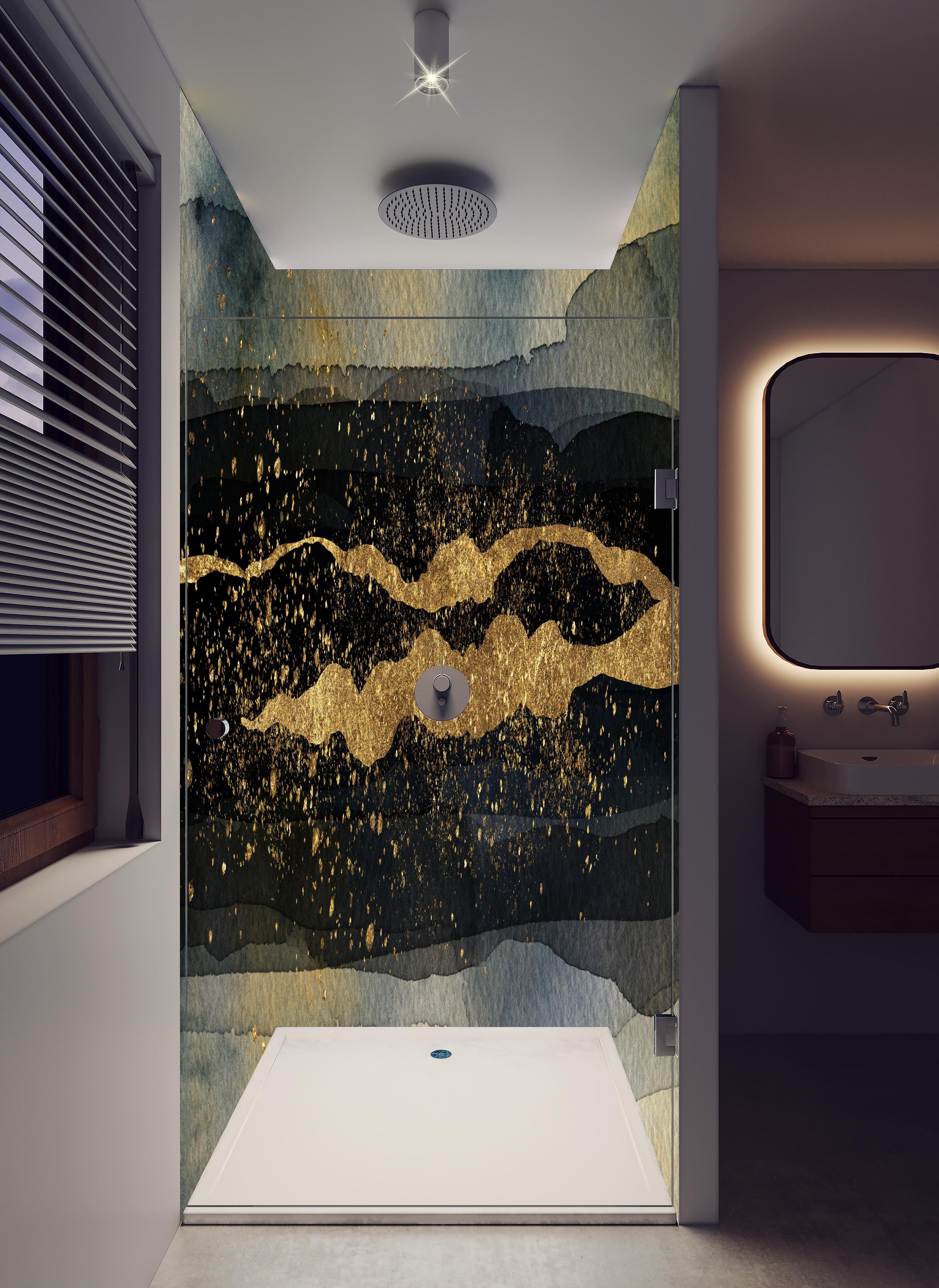 Duschrückwand - Moderne Darstellung - Aquarellmalerei in hellem Badezimmer mit Regenduschkopf - zweiteilige Eck-Duschrückwand
