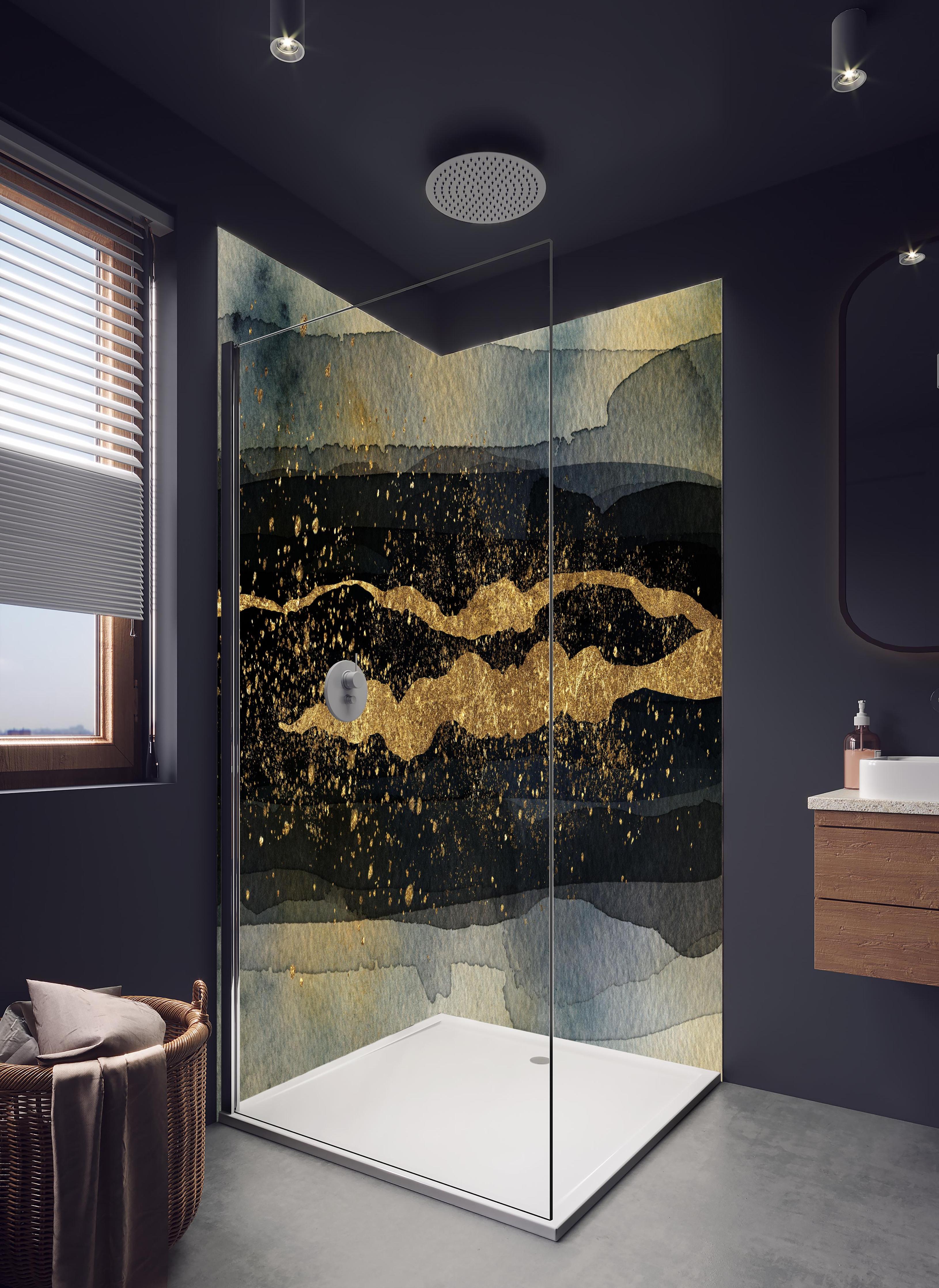 Duschrückwand - Moderne Darstellung - Aquarellmalerei in hellem Badezimmer mit Regenduschkopf - zweiteilige Eck-Duschrückwand