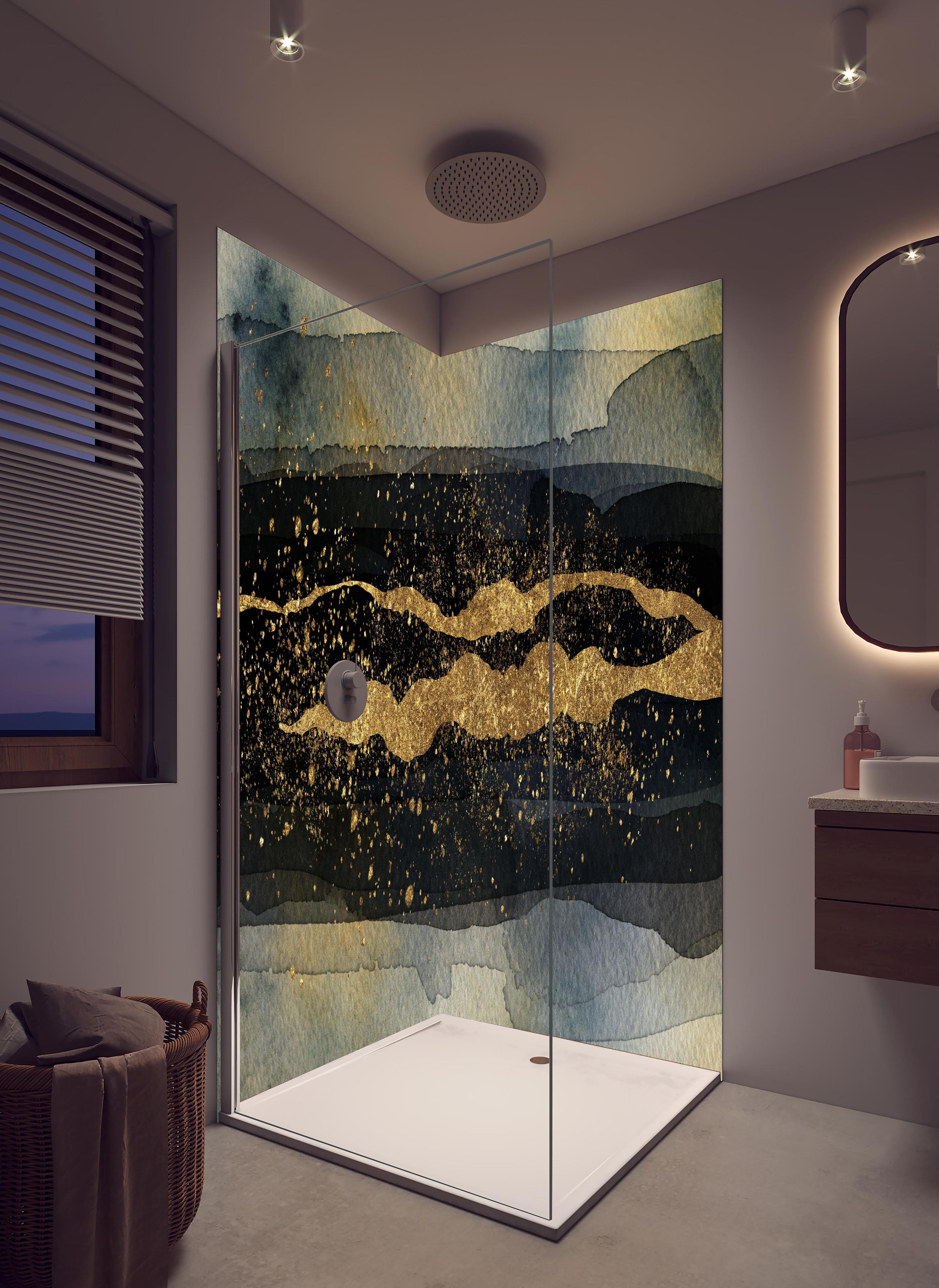 Duschrückwand - Moderne Darstellung - Aquarellmalerei in hellem Badezimmer mit Regenduschkopf - zweiteilige Eck-Duschrückwand