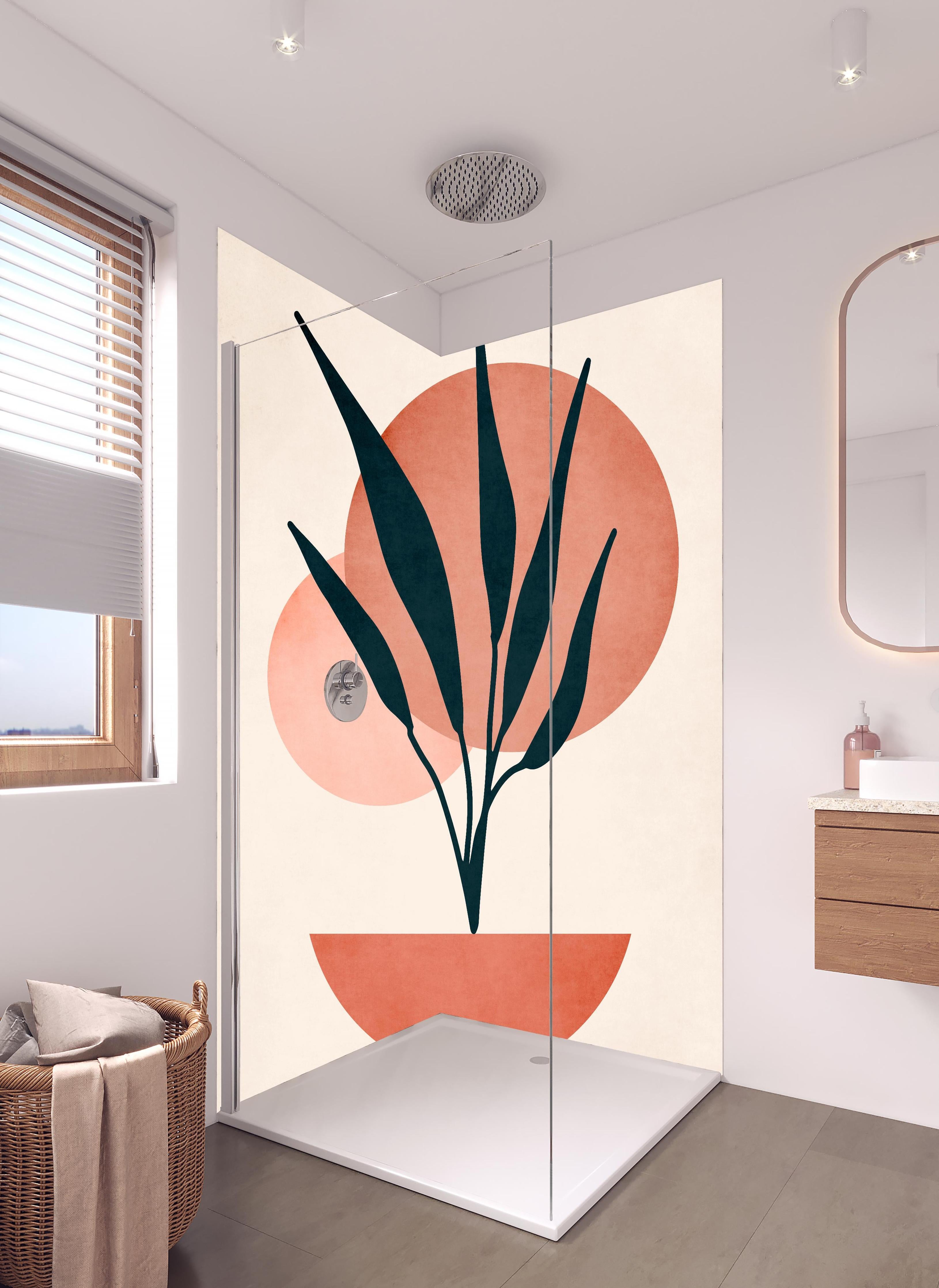 Duschrückwand - Moderne Darstellung - Floral in hellem Badezimmer mit Regenduschkopf - zweiteilige Eck-Duschrückwand