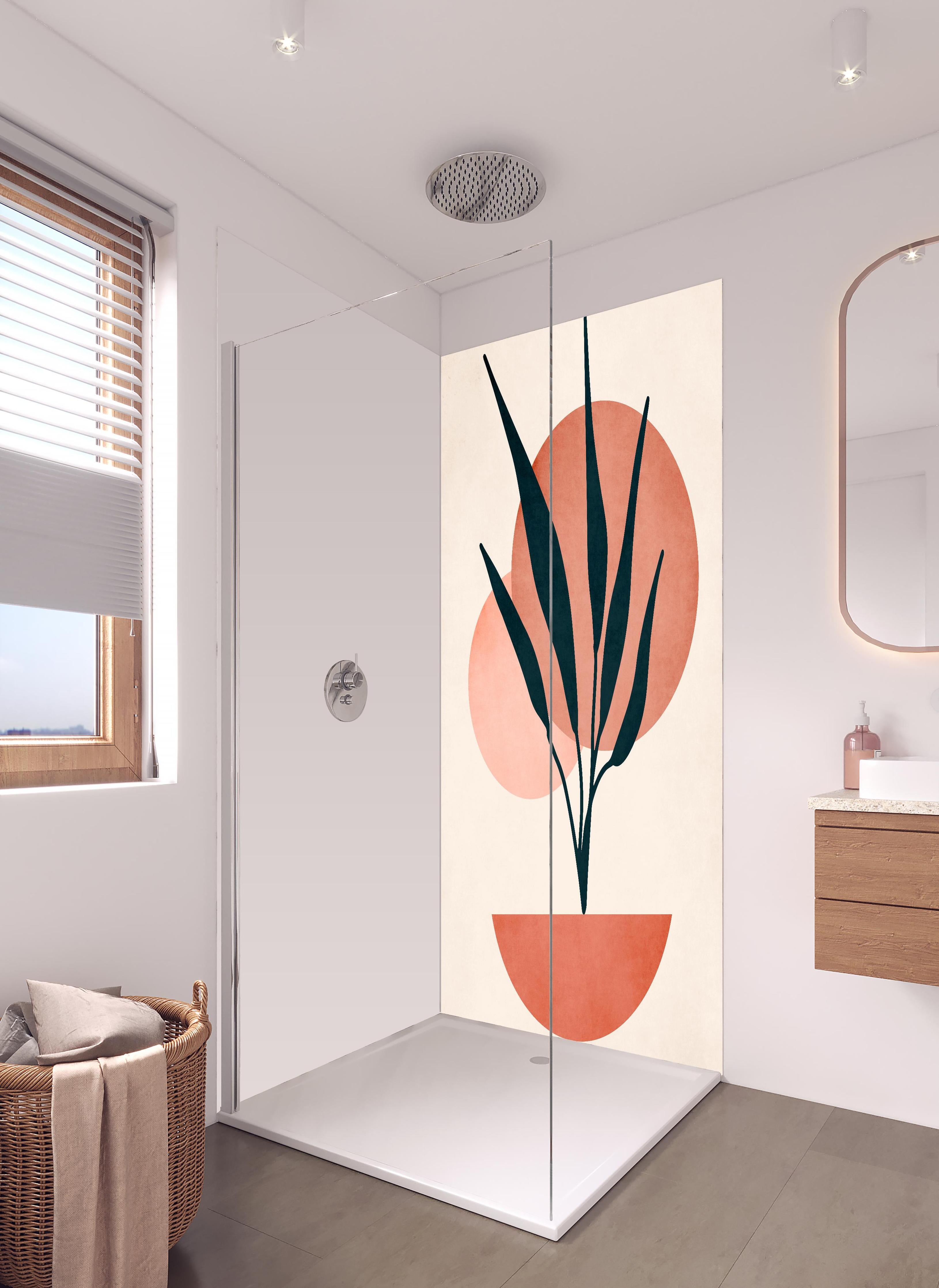 Duschrückwand - Moderne Darstellung - Floral in hellem Badezimmer mit Regenduschkopf - zweiteilige Eck-Duschrückwand