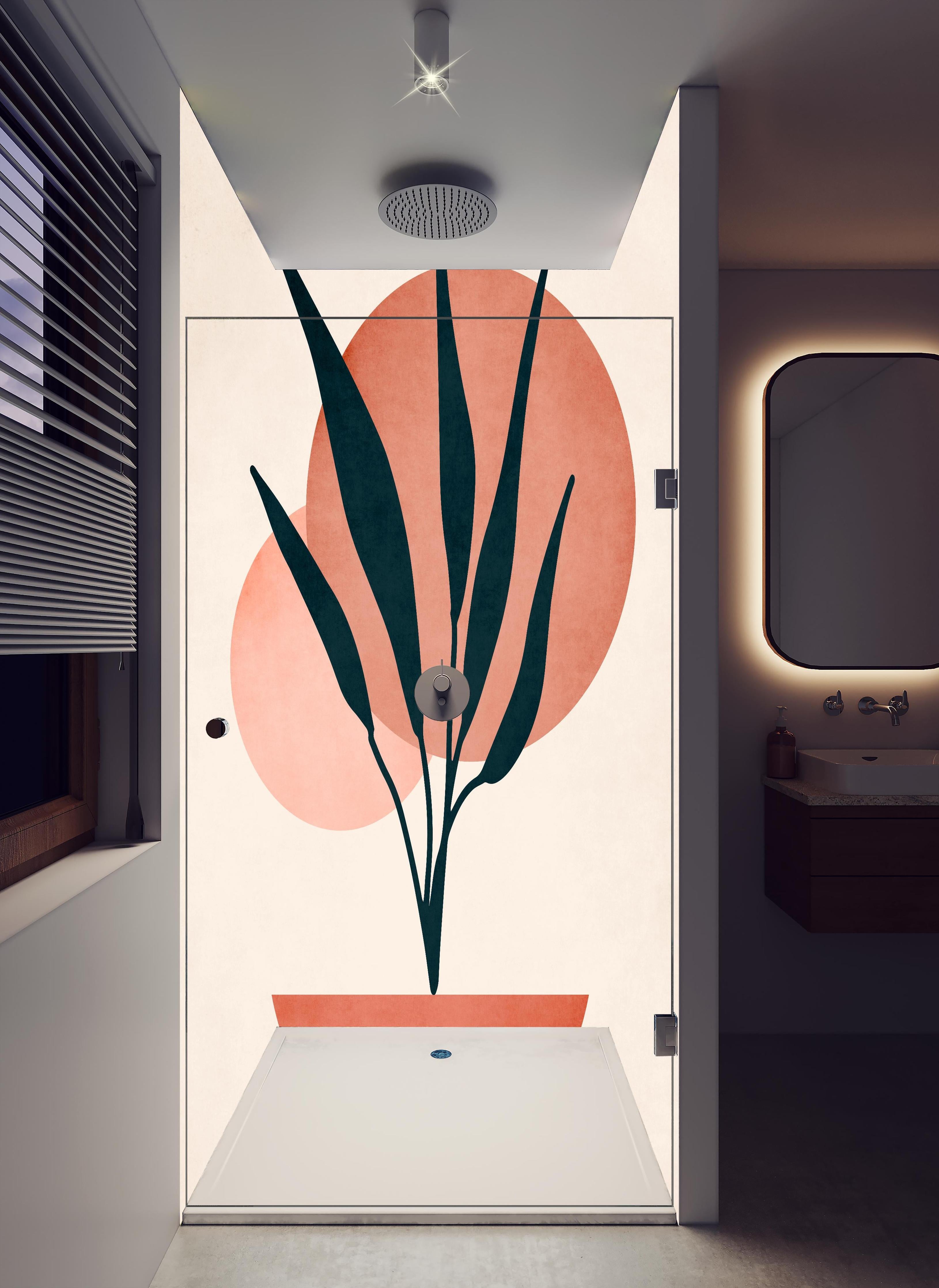 Duschrückwand - Moderne Darstellung - Floral in hellem Badezimmer mit Regenduschkopf - zweiteilige Eck-Duschrückwand