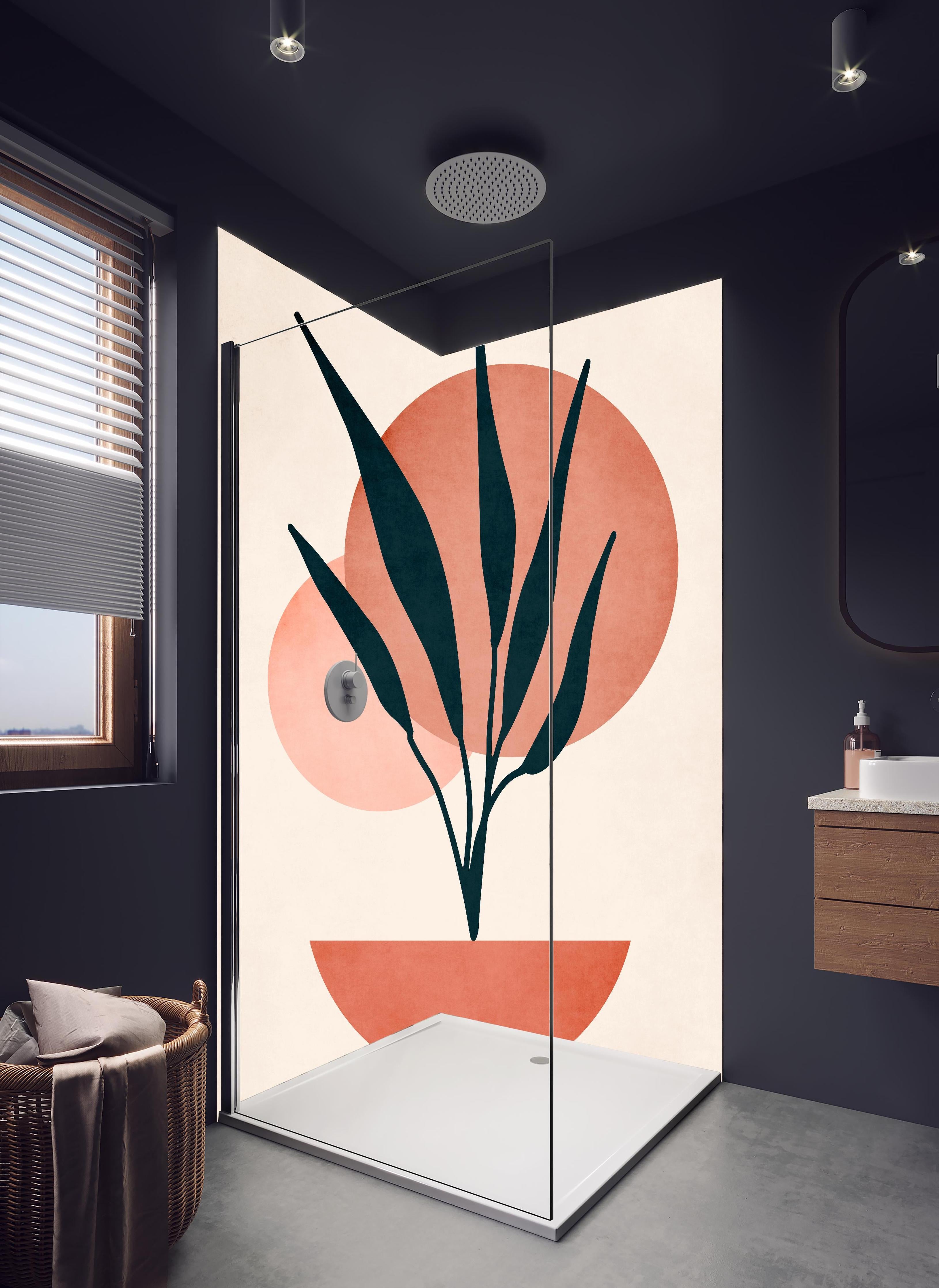 Duschrückwand - Moderne Darstellung - Floral in hellem Badezimmer mit Regenduschkopf - zweiteilige Eck-Duschrückwand