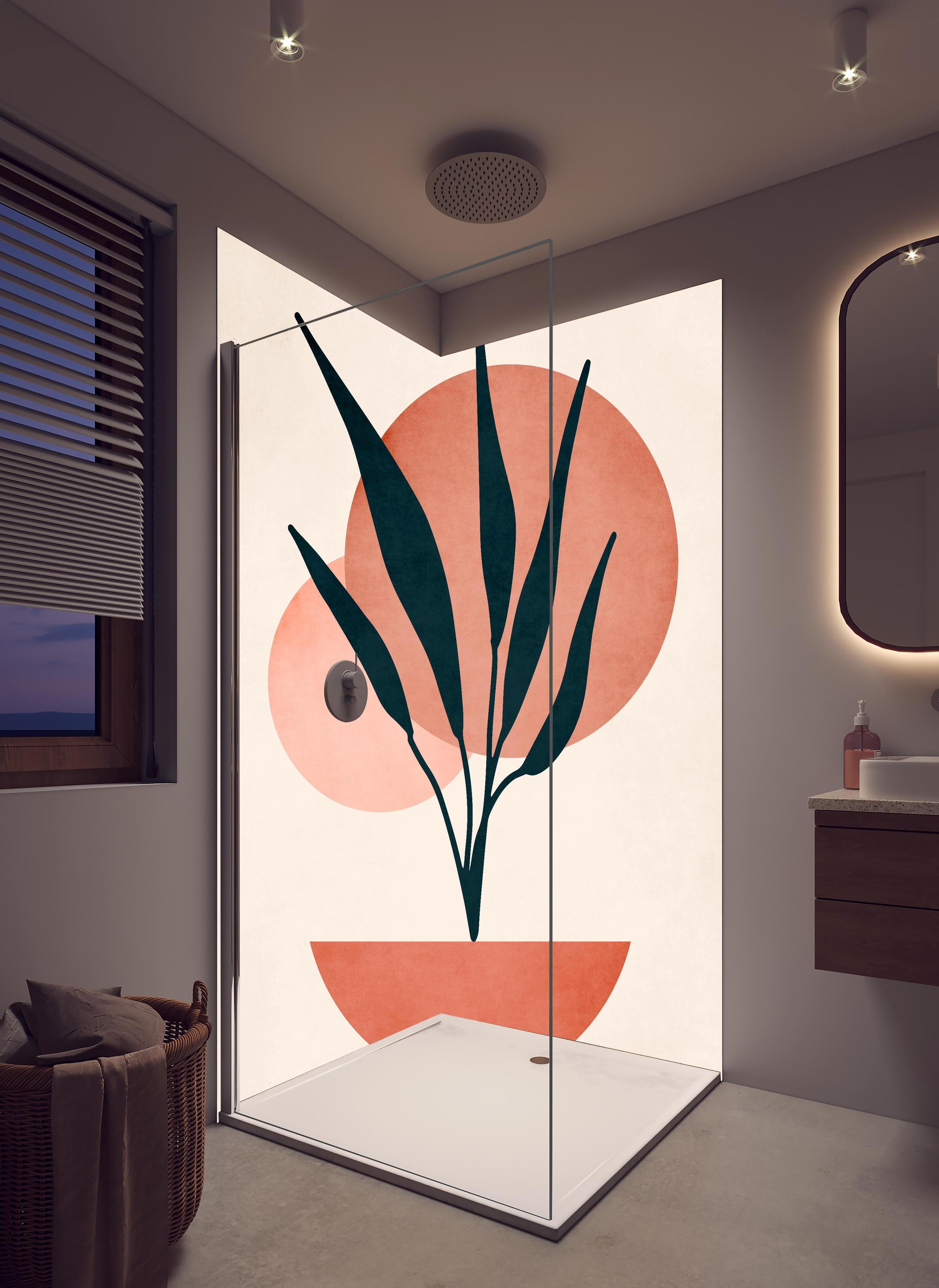 Duschrückwand - Moderne Darstellung - Floral in hellem Badezimmer mit Regenduschkopf - zweiteilige Eck-Duschrückwand