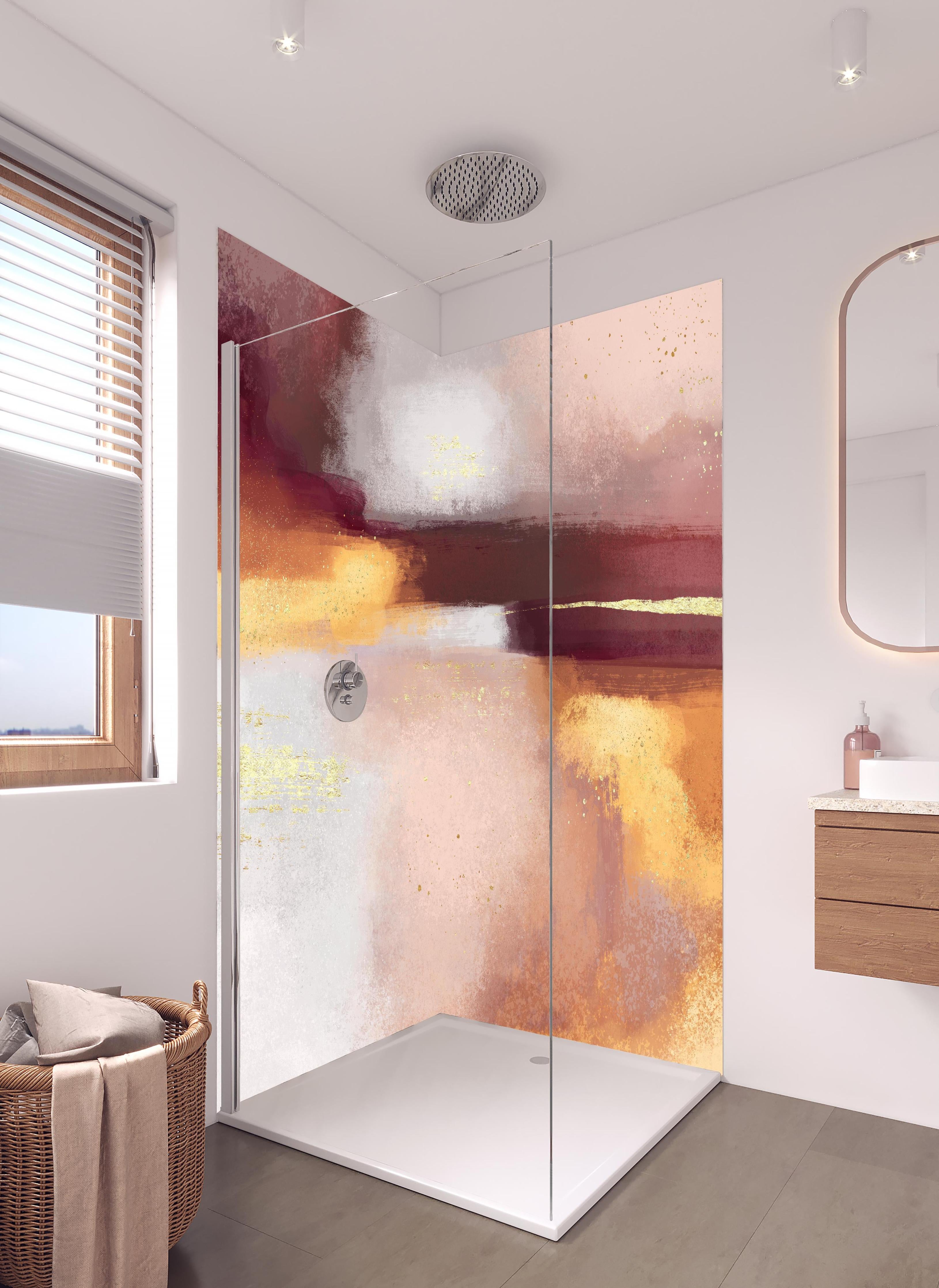Duschrückwand - Moderne Farben - Gemälde in hellem Badezimmer mit Regenduschkopf - zweiteilige Eck-Duschrückwand