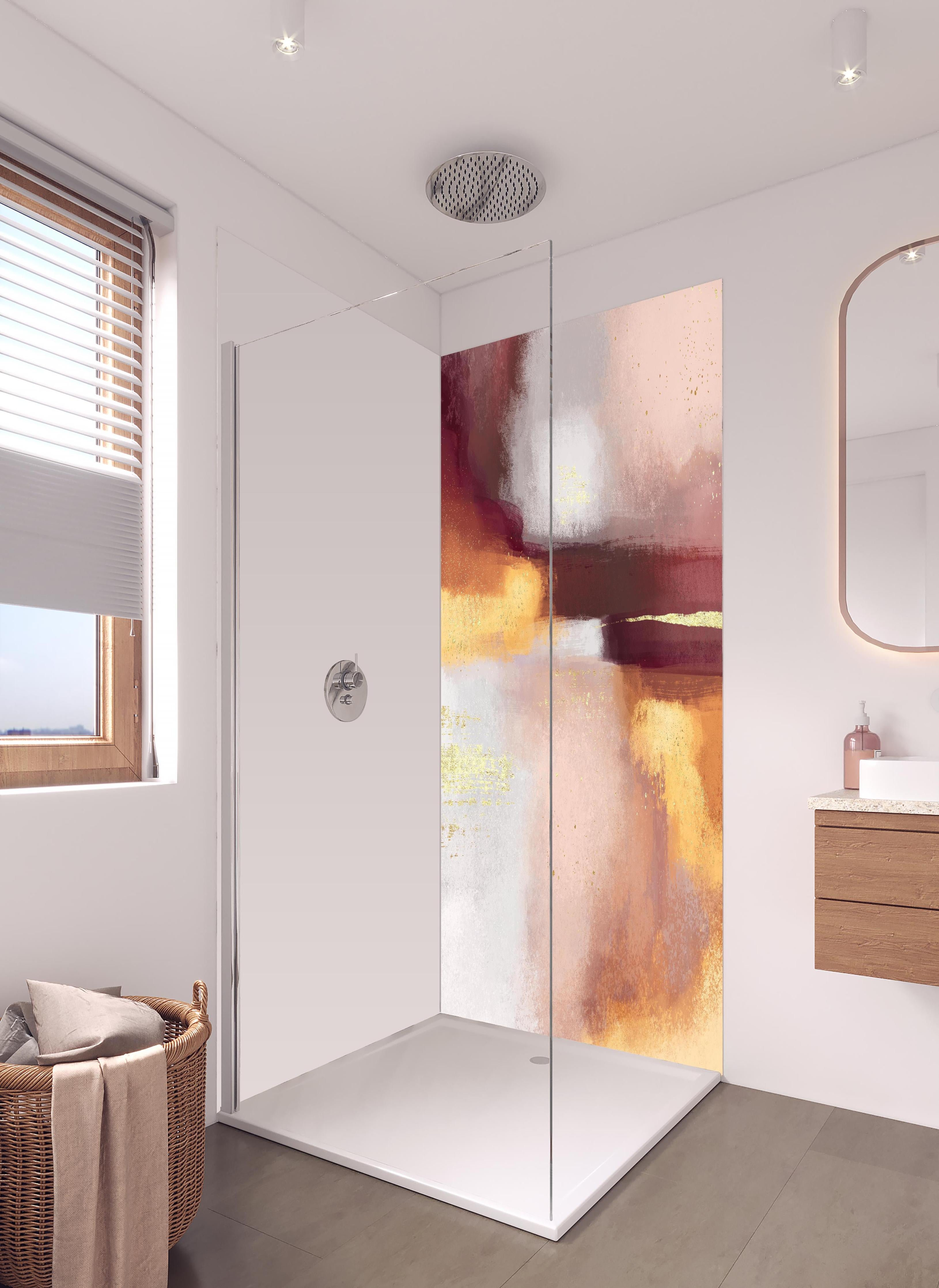 Duschrückwand - Moderne Farben - Gemälde in hellem Badezimmer mit Regenduschkopf - zweiteilige Eck-Duschrückwand