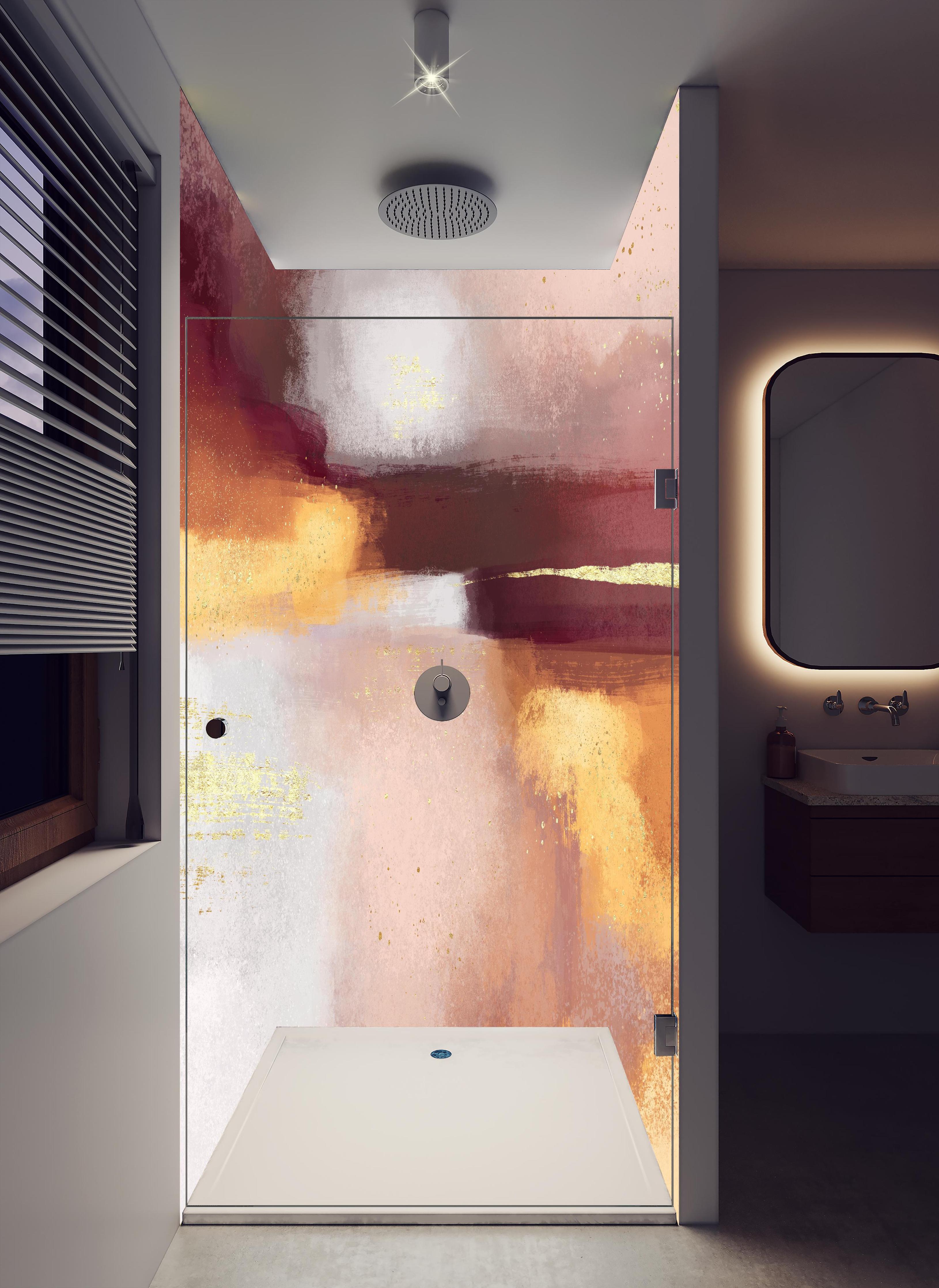 Duschrückwand - Moderne Farben - Gemälde in hellem Badezimmer mit Regenduschkopf - zweiteilige Eck-Duschrückwand