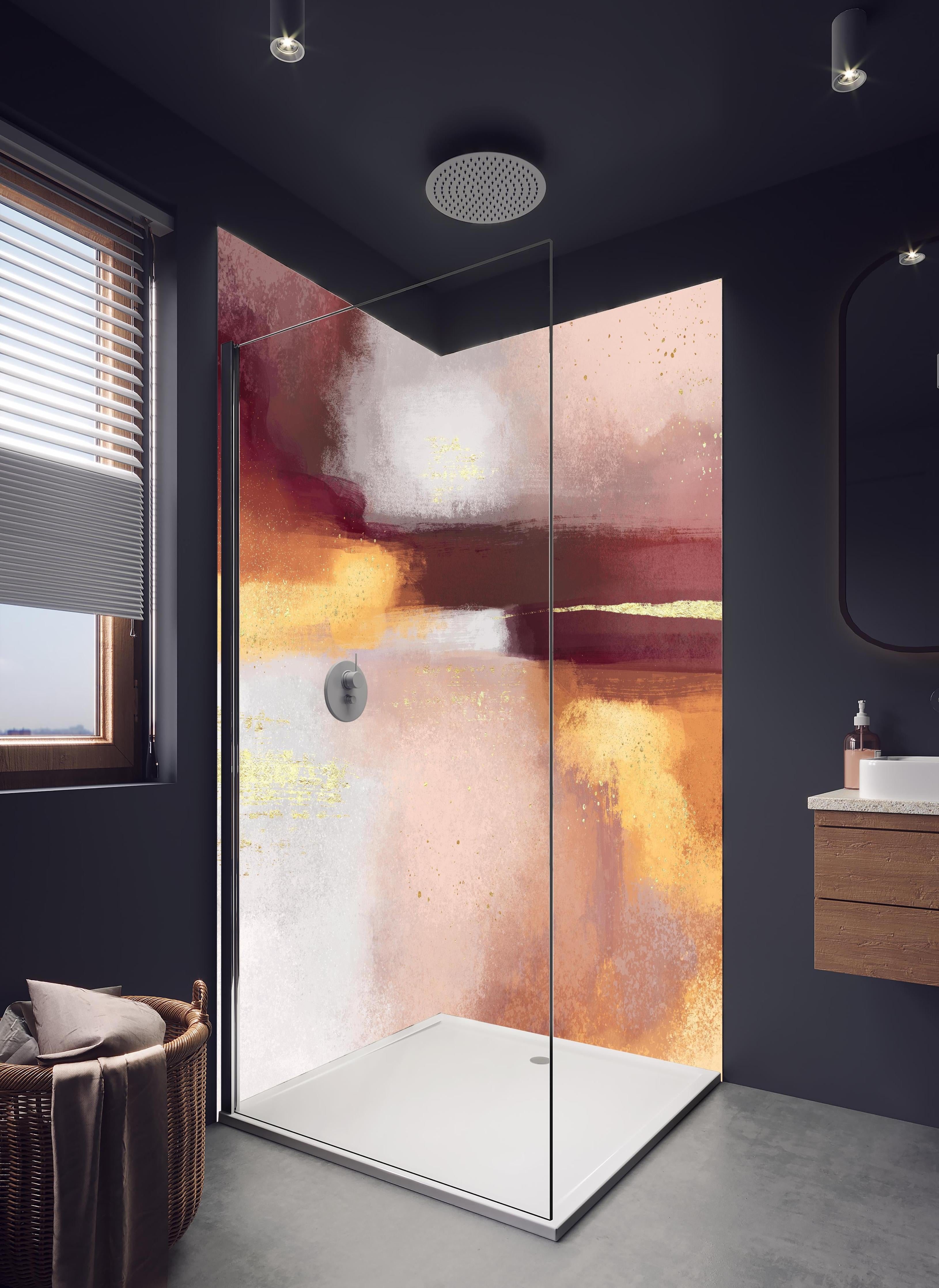 Duschrückwand - Moderne Farben - Gemälde in hellem Badezimmer mit Regenduschkopf - zweiteilige Eck-Duschrückwand