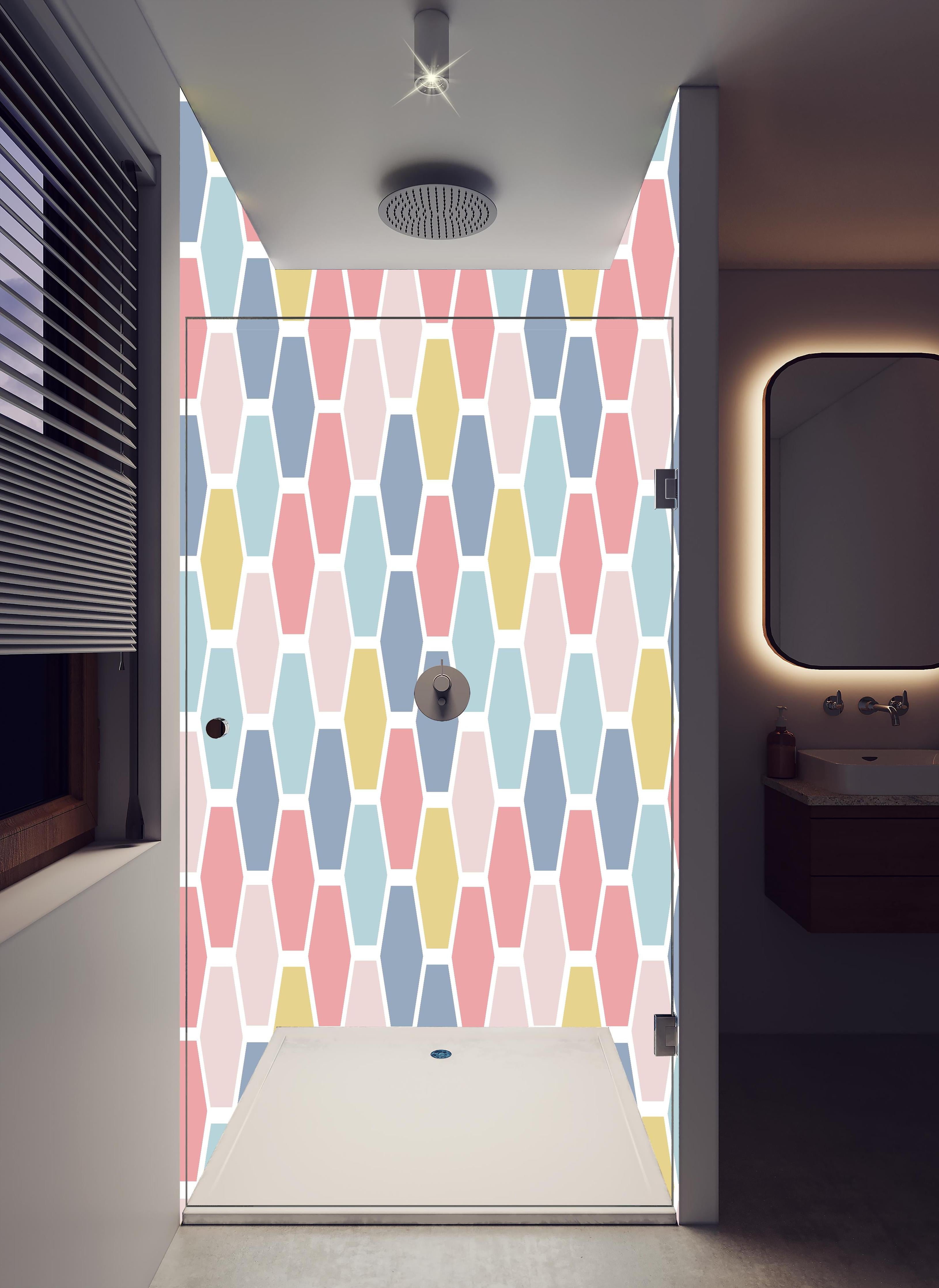 Duschrückwand - Moderne Hexagon Muster Wanddekoration in hellem Badezimmer mit Regenduschkopf - zweiteilige Eck-Duschrückwand