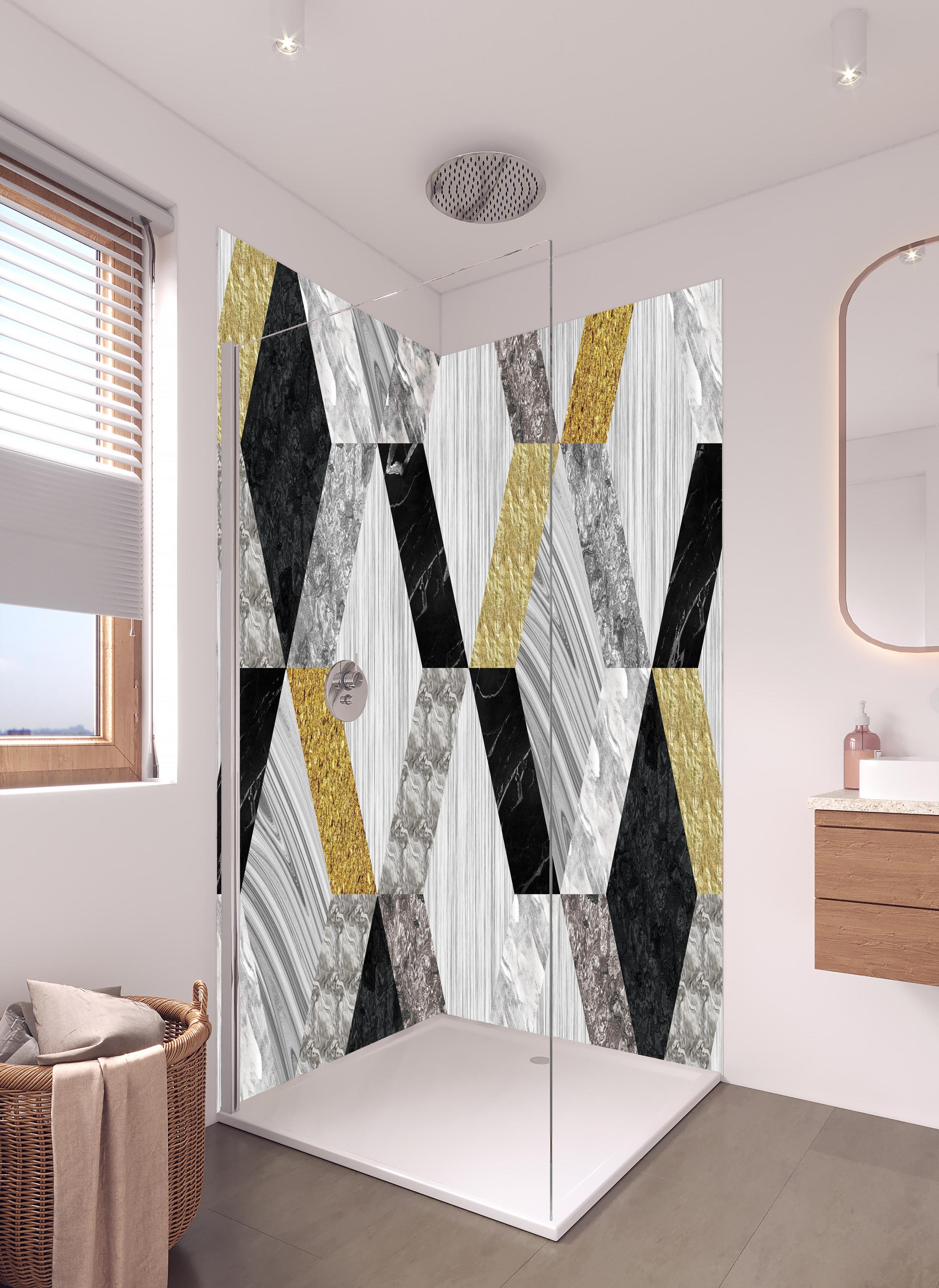 Duschrückwand - Moderne Keramik Textur in hellem Badezimmer mit Regenduschkopf - zweiteilige Eck-Duschrückwand