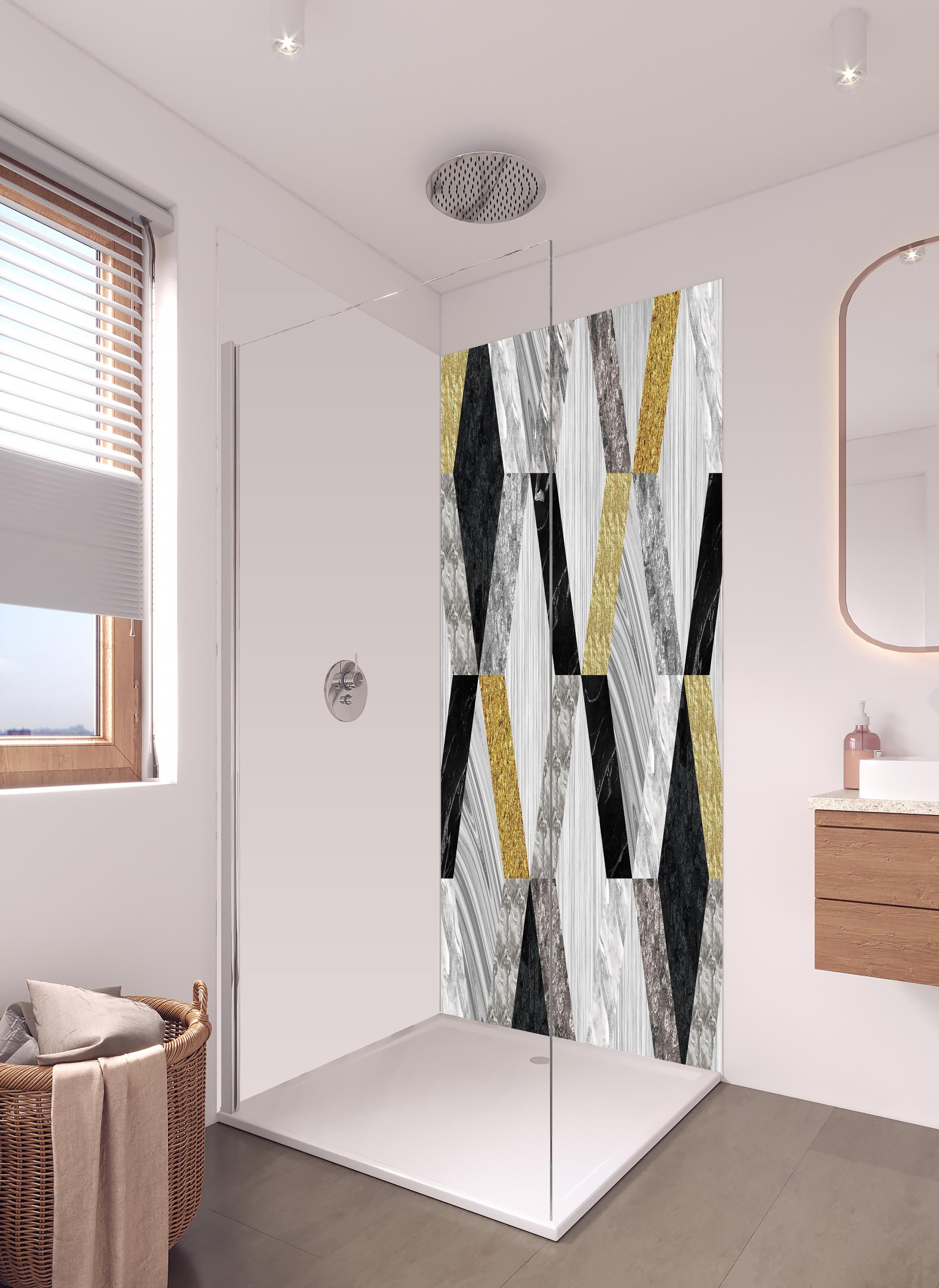 Duschrückwand - Moderne Keramik Textur in hellem Badezimmer mit Regenduschkopf - zweiteilige Eck-Duschrückwand