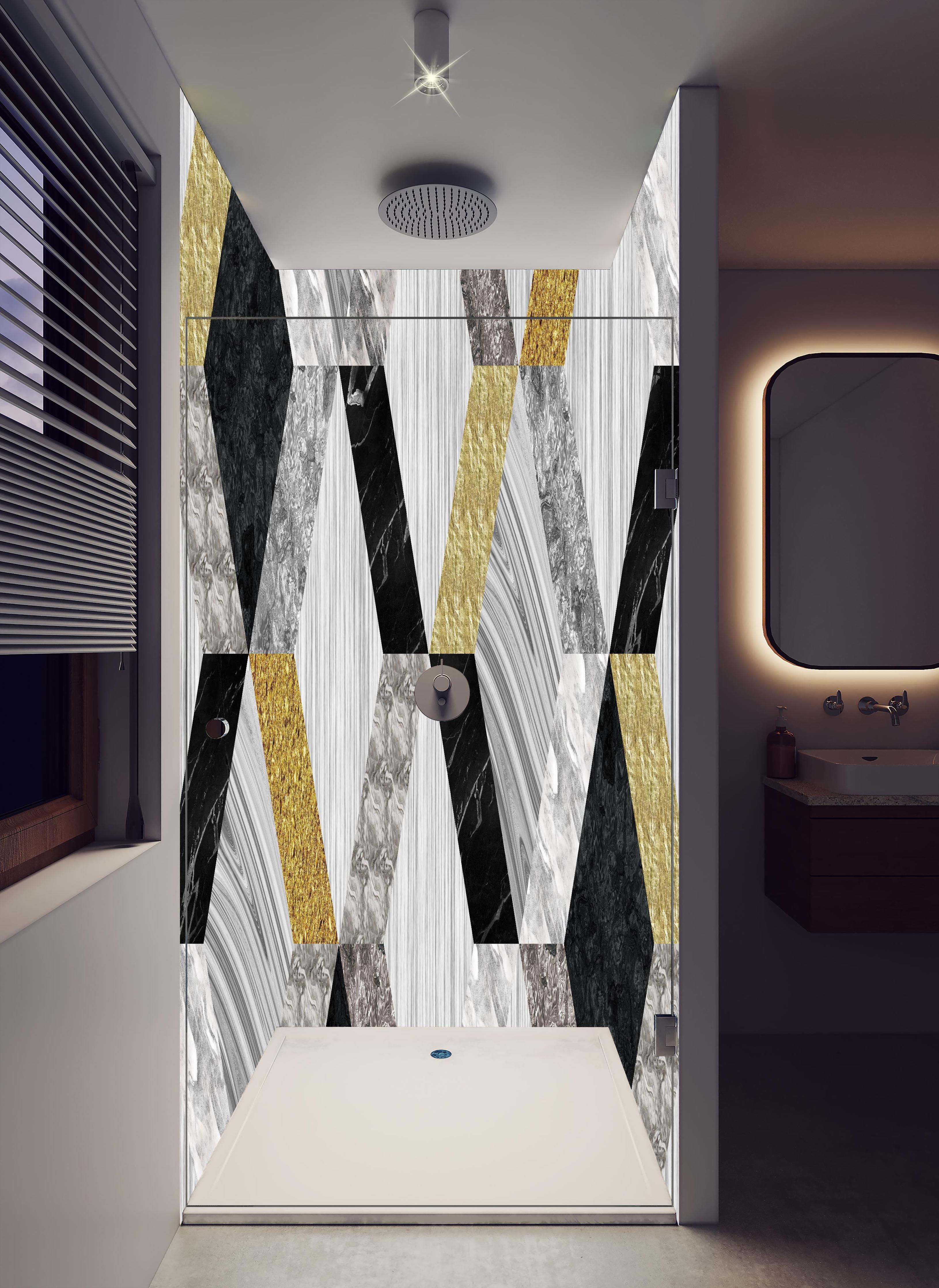 Duschrückwand - Moderne Keramik Textur in hellem Badezimmer mit Regenduschkopf - zweiteilige Eck-Duschrückwand